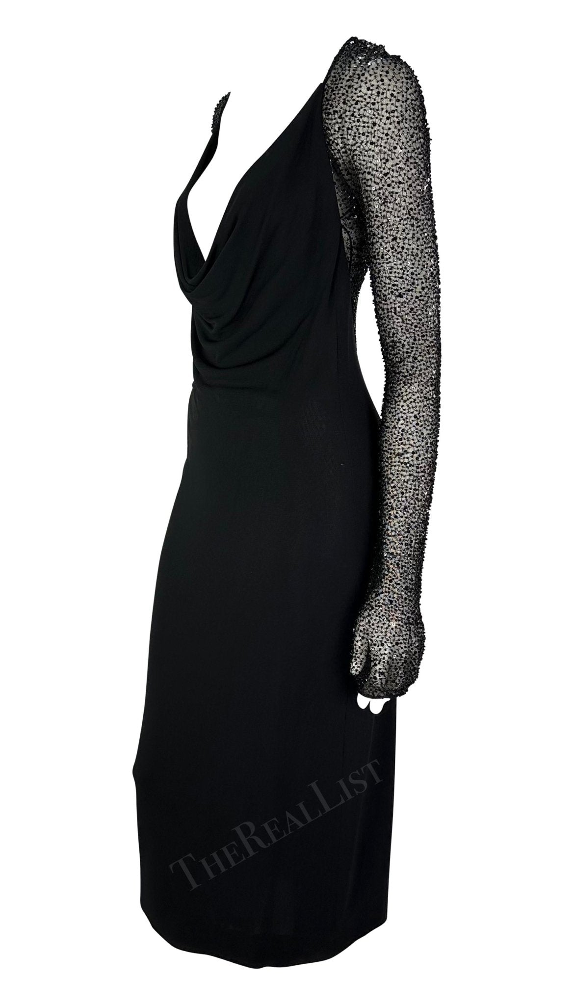 F/W 1997 Halston by Randolph Duke Runway Black Cowl Neck Beaded Dress - RealList