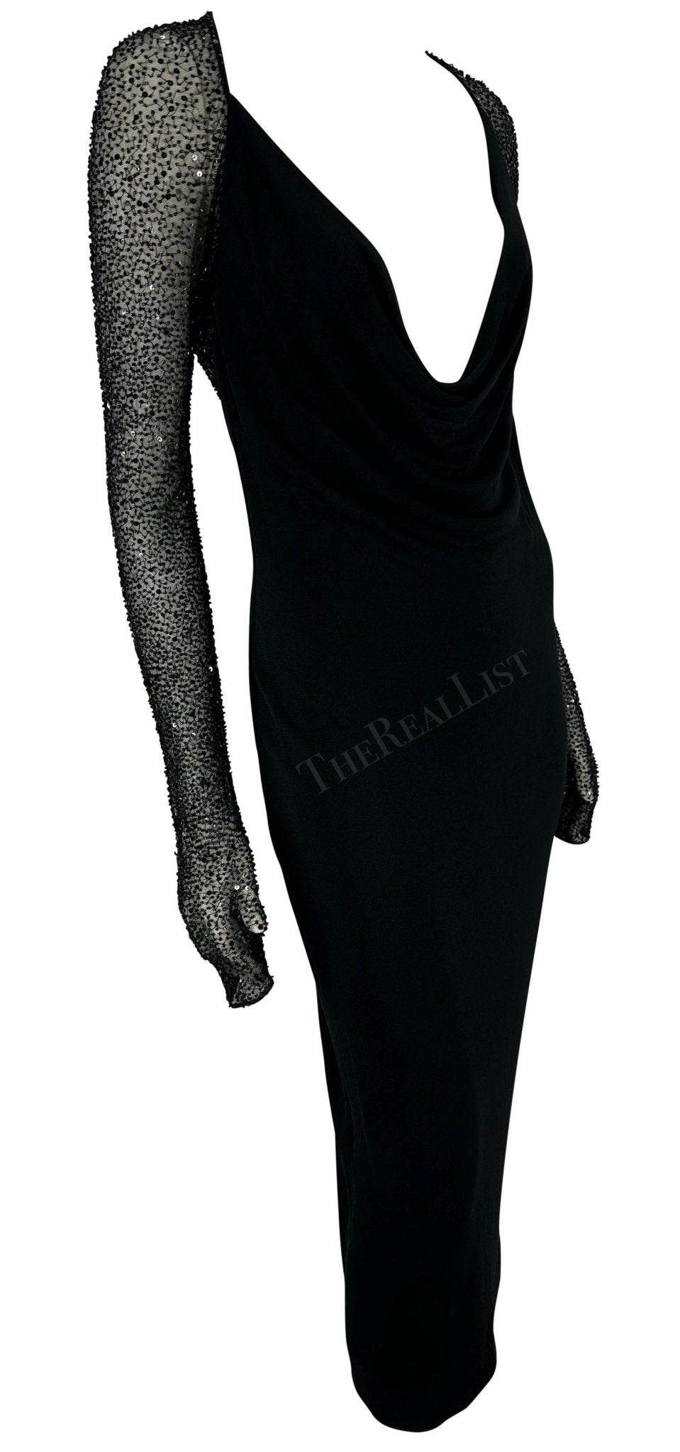 F/W 1997 Halston by Randolph Duke Runway Black Cowl Neck Beaded Dress - RealList