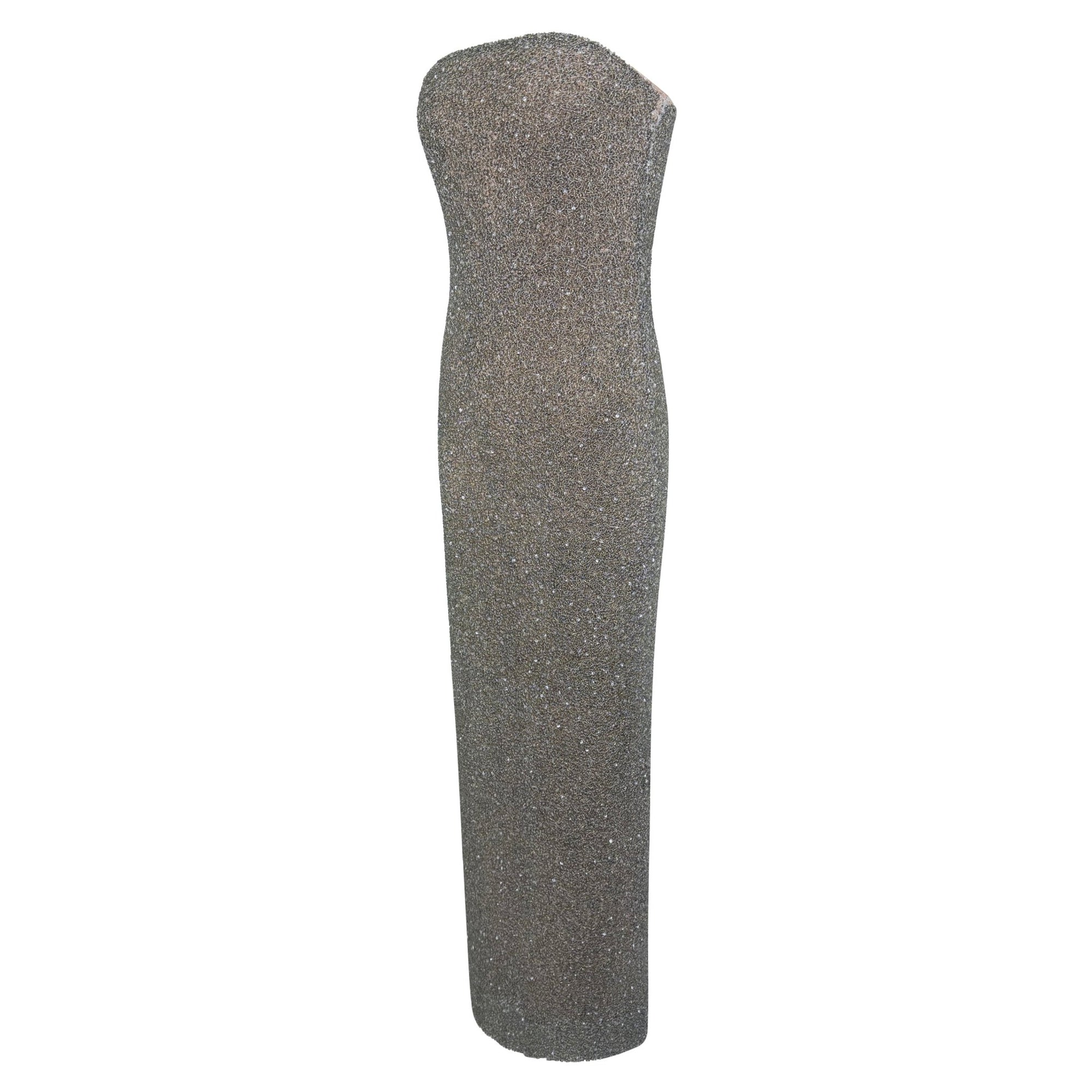 F/W 1997 Halston Runway Silver Heavily Beaded Strap Gown Opera Coat Set - RealList