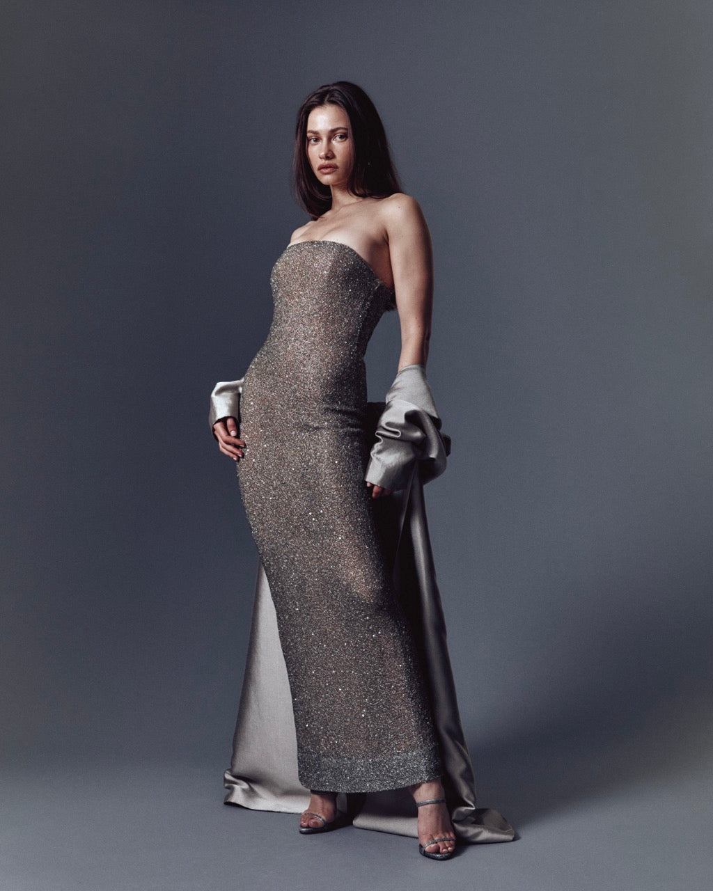 F/W 1997 Halston Runway Silver Heavily Beaded Strap Gown Opera Coat Set - RealList