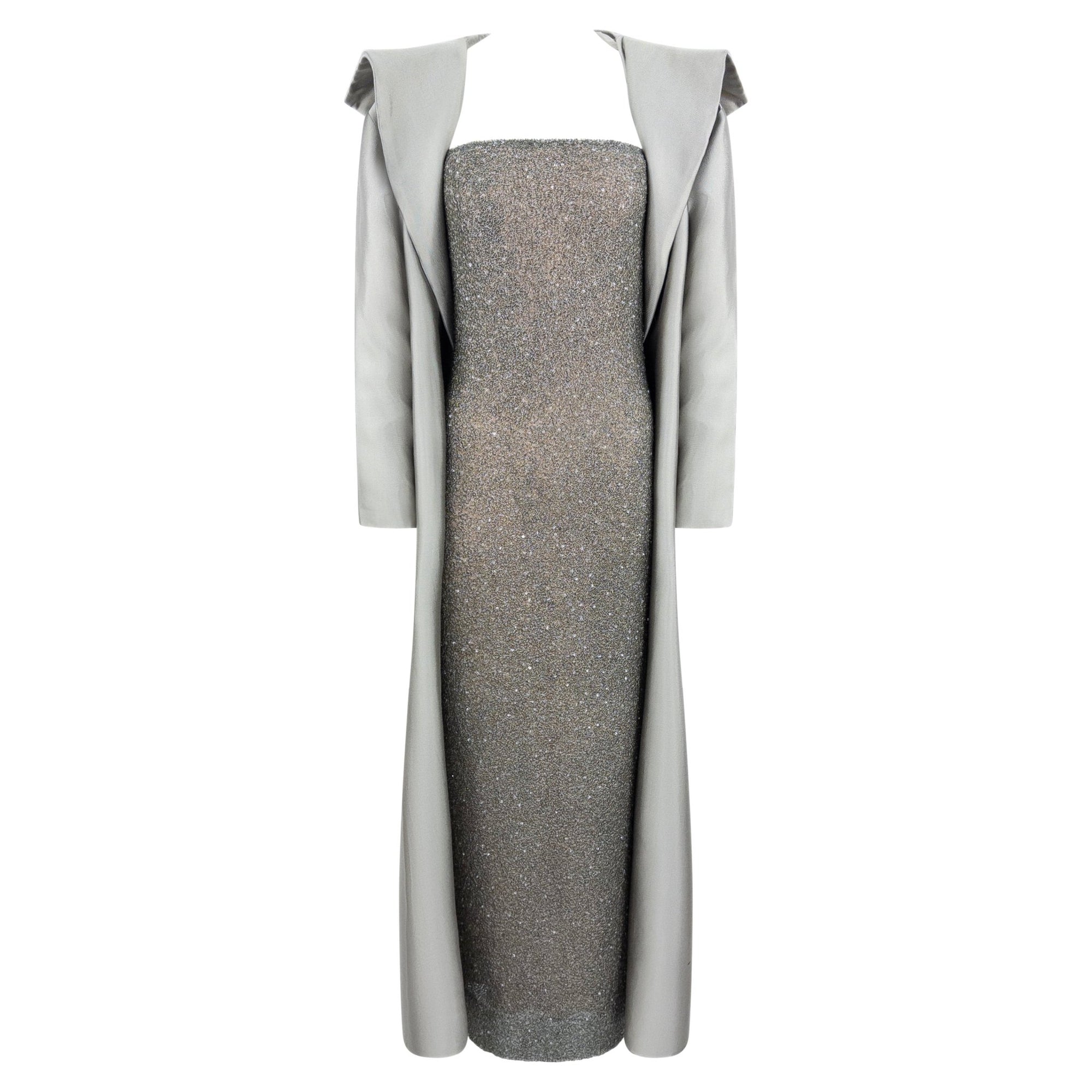 F/W 1997 Halston Runway Silver Heavily Beaded Strap Gown Opera Coat Set - RealList