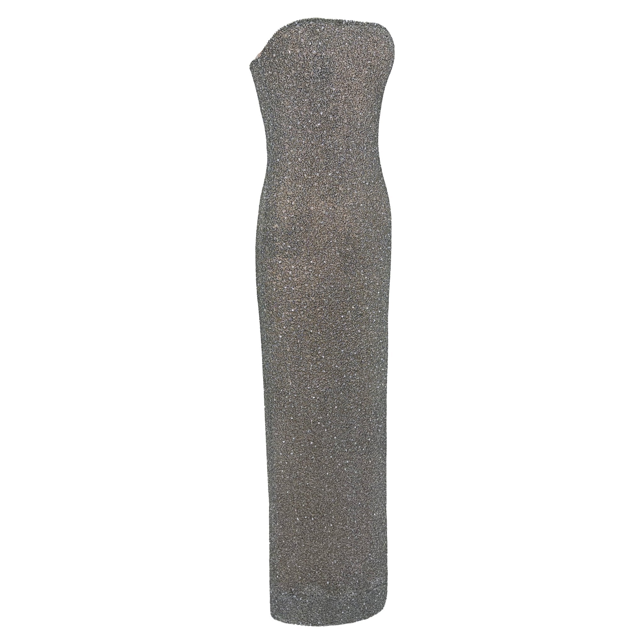 F/W 1997 Halston Runway Silver Heavily Beaded Strap Gown Opera Coat Set - RealList