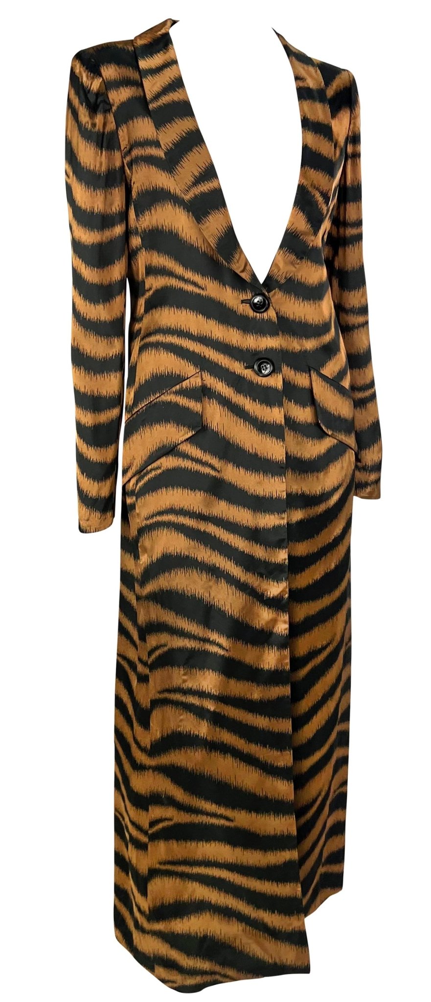 F/W 1997 Valentino Garavani Brown Satin Animal Print Full Length Coat Jacket - RealList