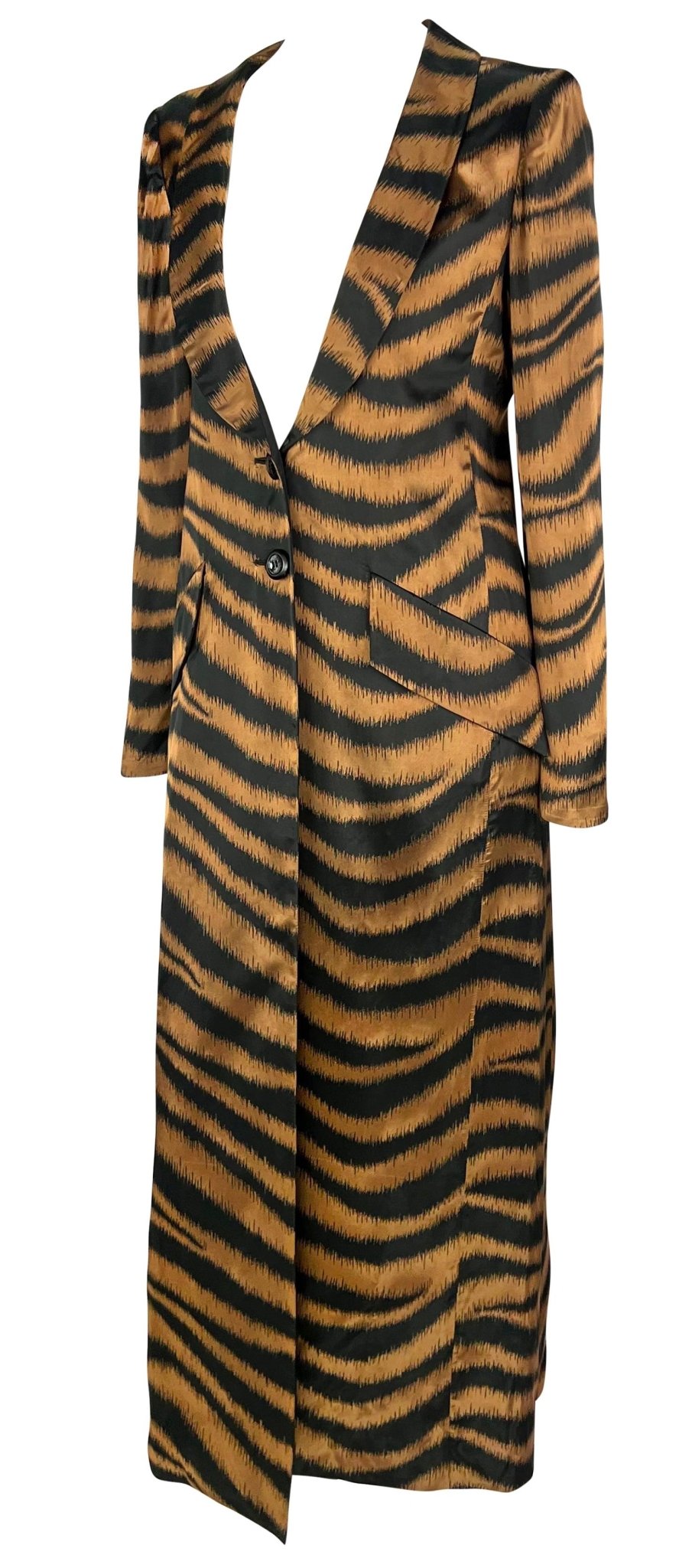 F/W 1997 Valentino Garavani Brown Satin Animal Print Full Length Coat Jacket - RealList