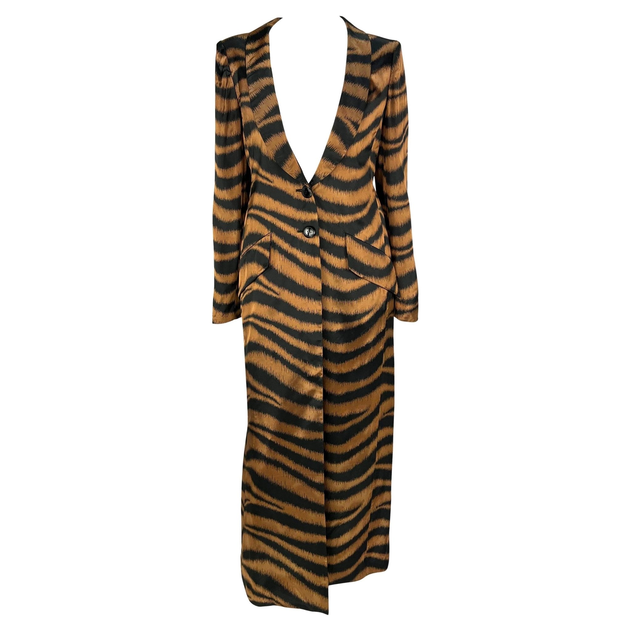 F/W 1997 Valentino Garavani Brown Satin Animal Print Full Length Coat Jacket - RealList