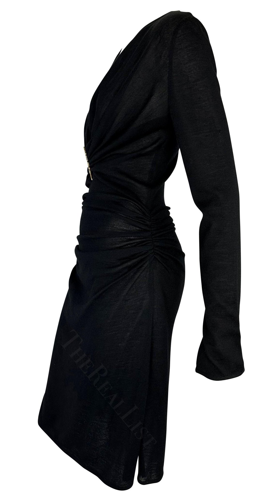 F/W 1997 Valentino Garavani Sheer Cashmere Silk Knit Black Stretch Ruched Dress - RealList