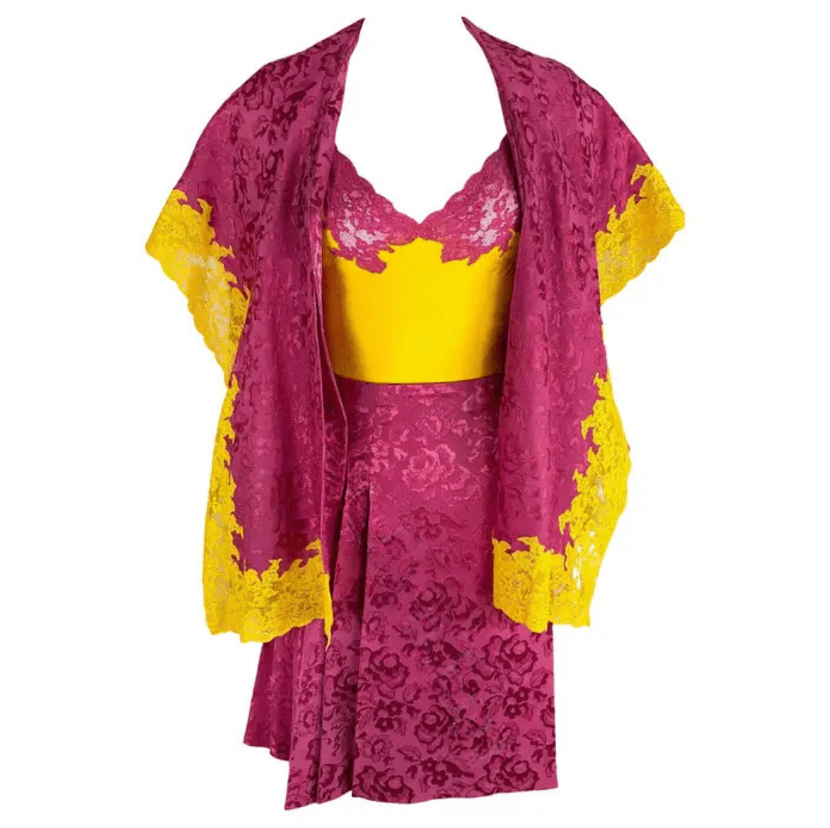 F/W 1998 Christian Dior by John Galliano Pink Yellow Lace 3 - Piece Skirt Suit - RealList