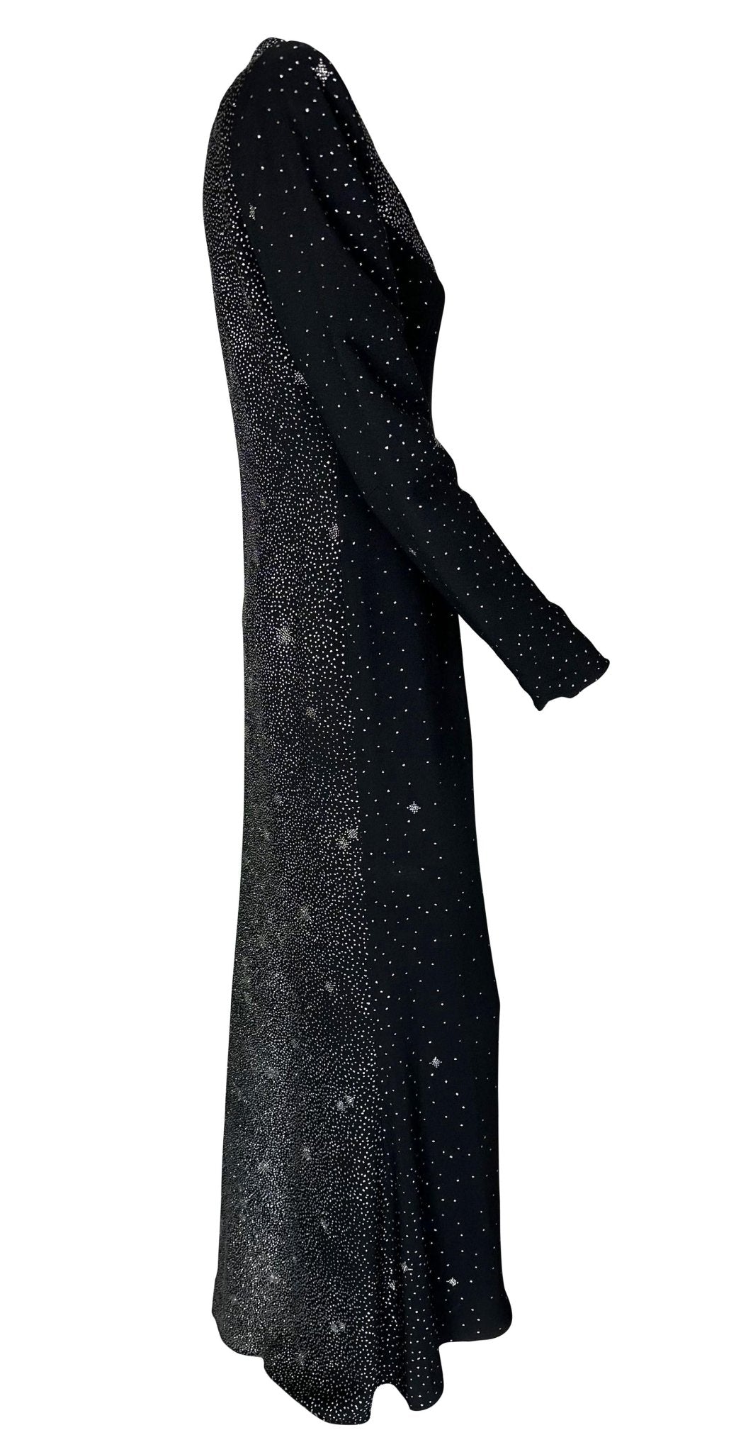 F/W 1998 Christian Lacroix Runway Black Glitter Starry Asymmetric High Slit Gown - RealList