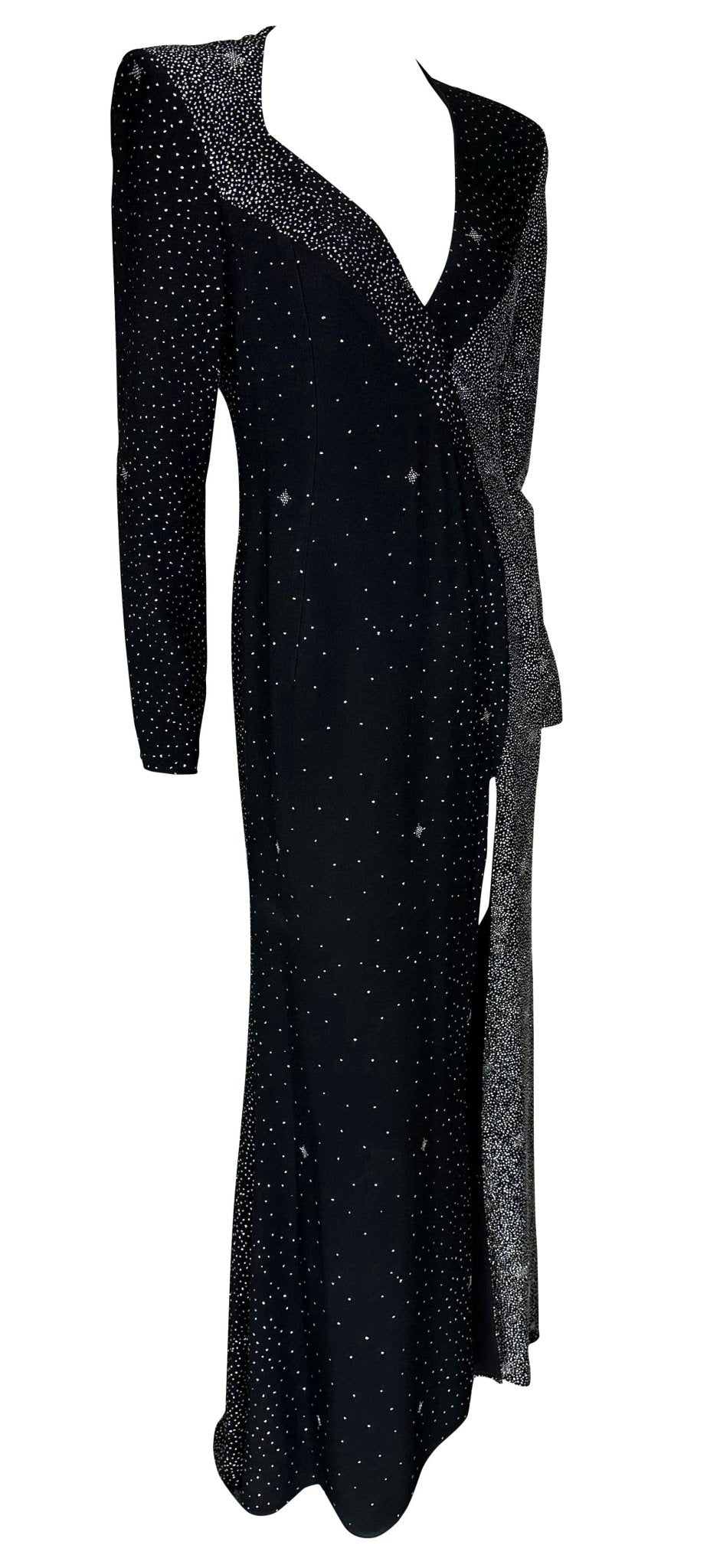 F/W 1998 Christian Lacroix Runway Black Glitter Starry Asymmetric High Slit Gown - RealList
