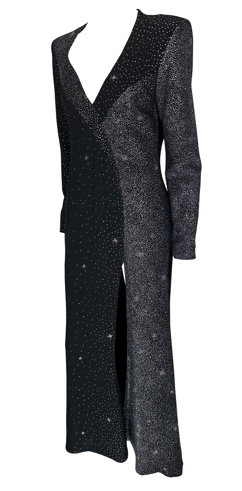 F/W 1998 Christian Lacroix Runway Black Glitter Starry Asymmetric High Slit Gown - RealList