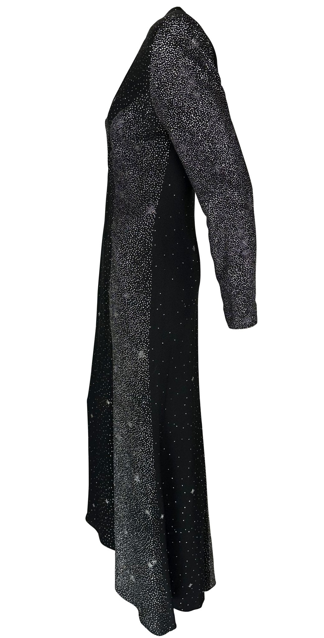F/W 1998 Christian Lacroix Runway Black Glitter Starry Asymmetric High Slit Gown - RealList