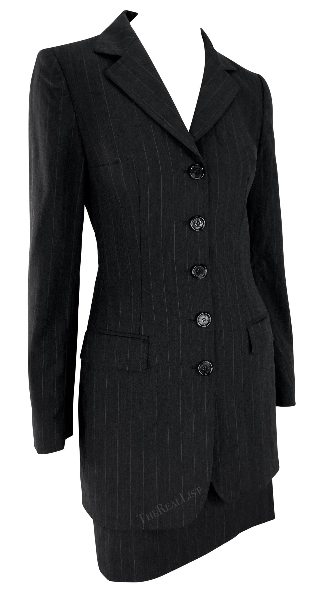 F/W 1998 Dolce & Gabbana Black Grey Pinstripe Fitted Mini Skirt Suit - RealList