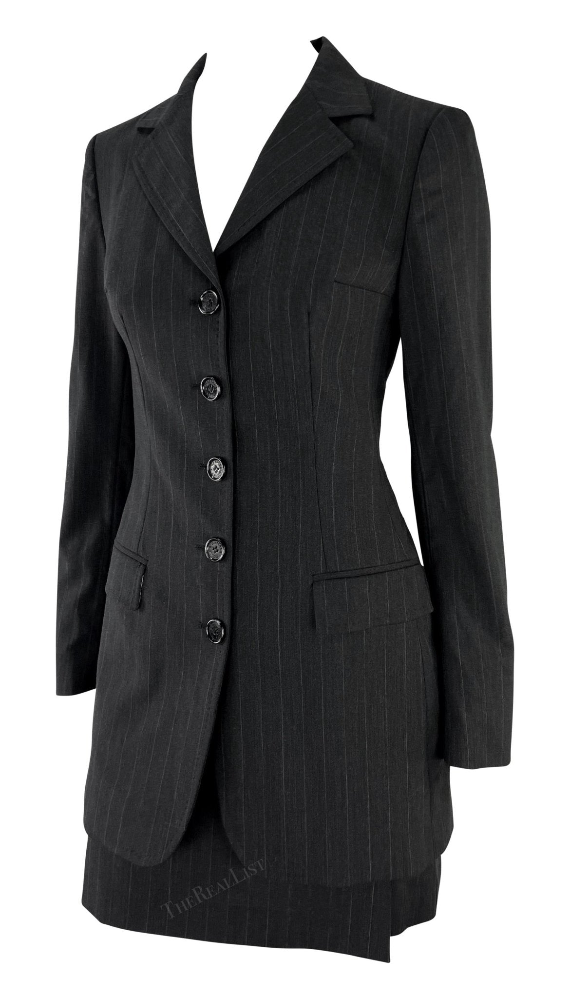 F/W 1998 Dolce & Gabbana Black Grey Pinstripe Fitted Mini Skirt Suit - RealList