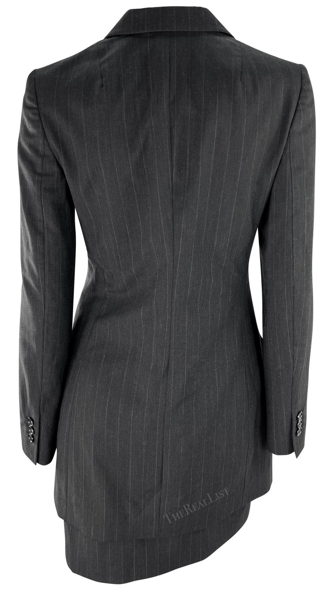F/W 1998 Dolce & Gabbana Black Grey Pinstripe Fitted Mini Skirt Suit - RealList