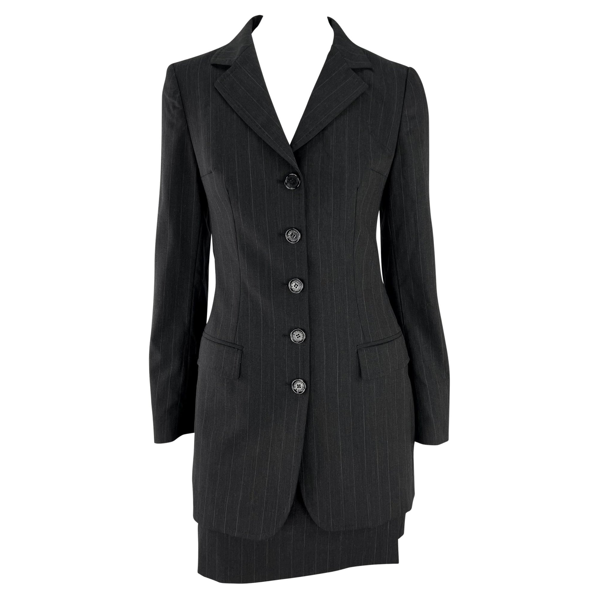 F/W 1998 Dolce & Gabbana Black Grey Pinstripe Fitted Mini Skirt Suit - RealList