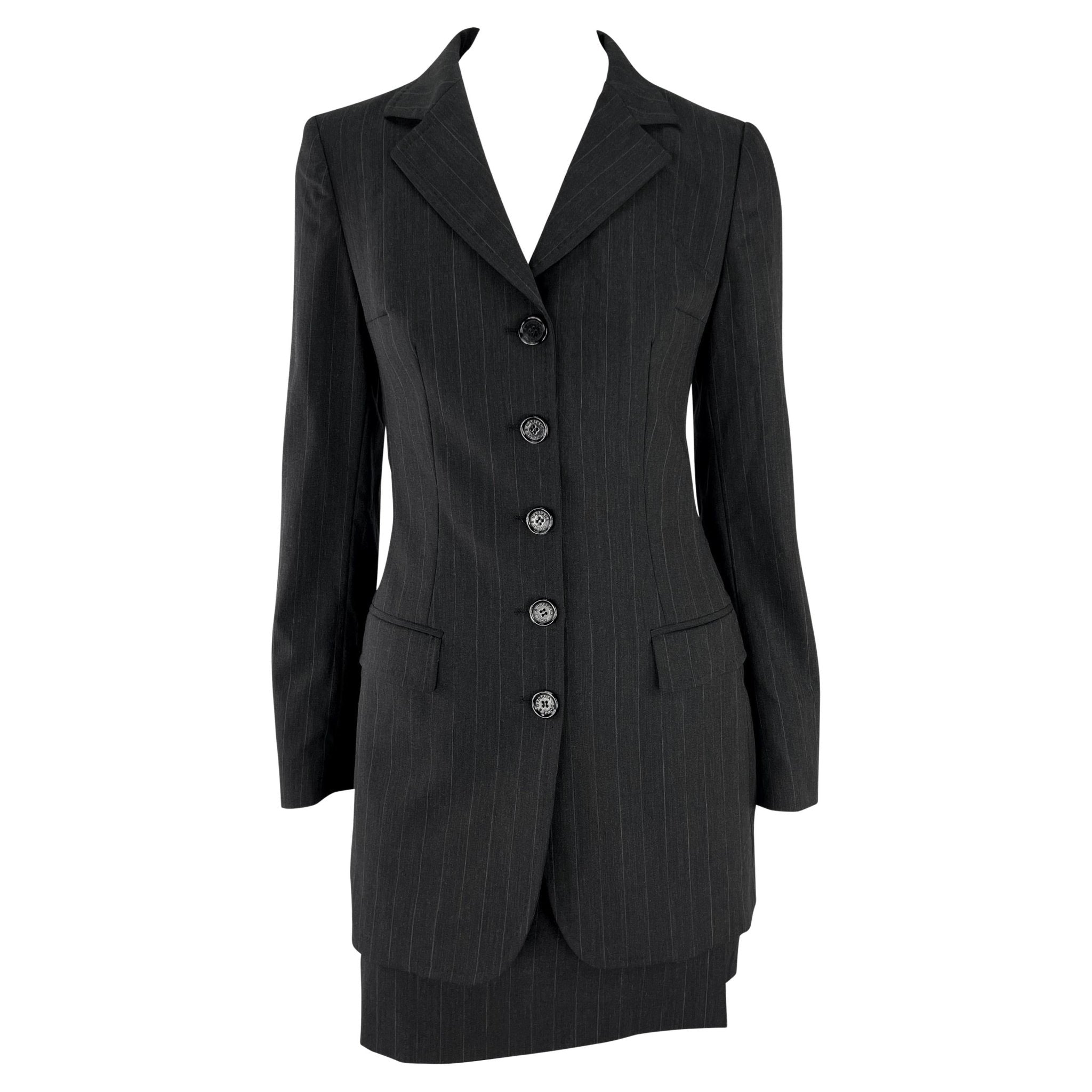 F/W 1998 Dolce & Gabbana Black Grey Pinstripe Fitted Mini Skirt Suit - RealList