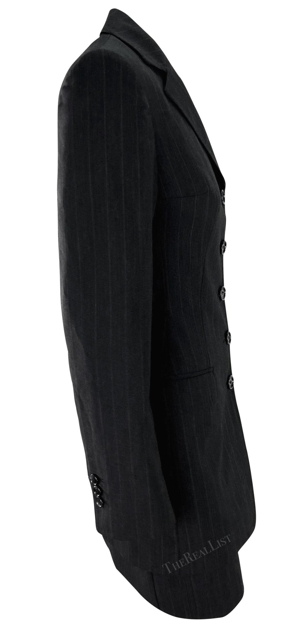 F/W 1998 Dolce & Gabbana Black Grey Pinstripe Fitted Mini Skirt Suit - RealList