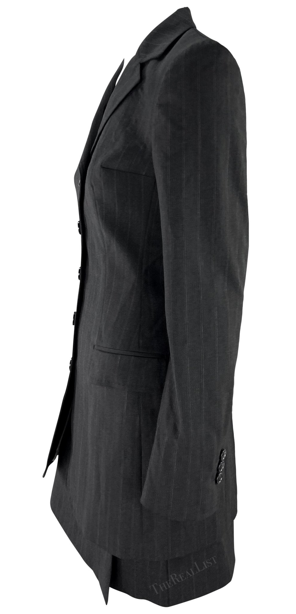 F/W 1998 Dolce & Gabbana Black Grey Pinstripe Fitted Mini Skirt Suit - RealList