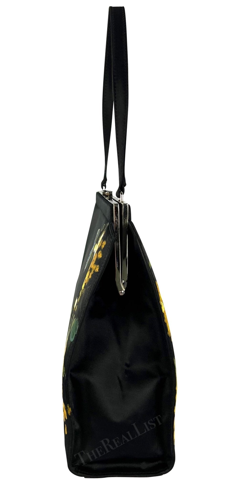 F/W 1998 Dolce & Gabbana Black Satin Hand - Painted Yellow Floral Top Handle - RealList