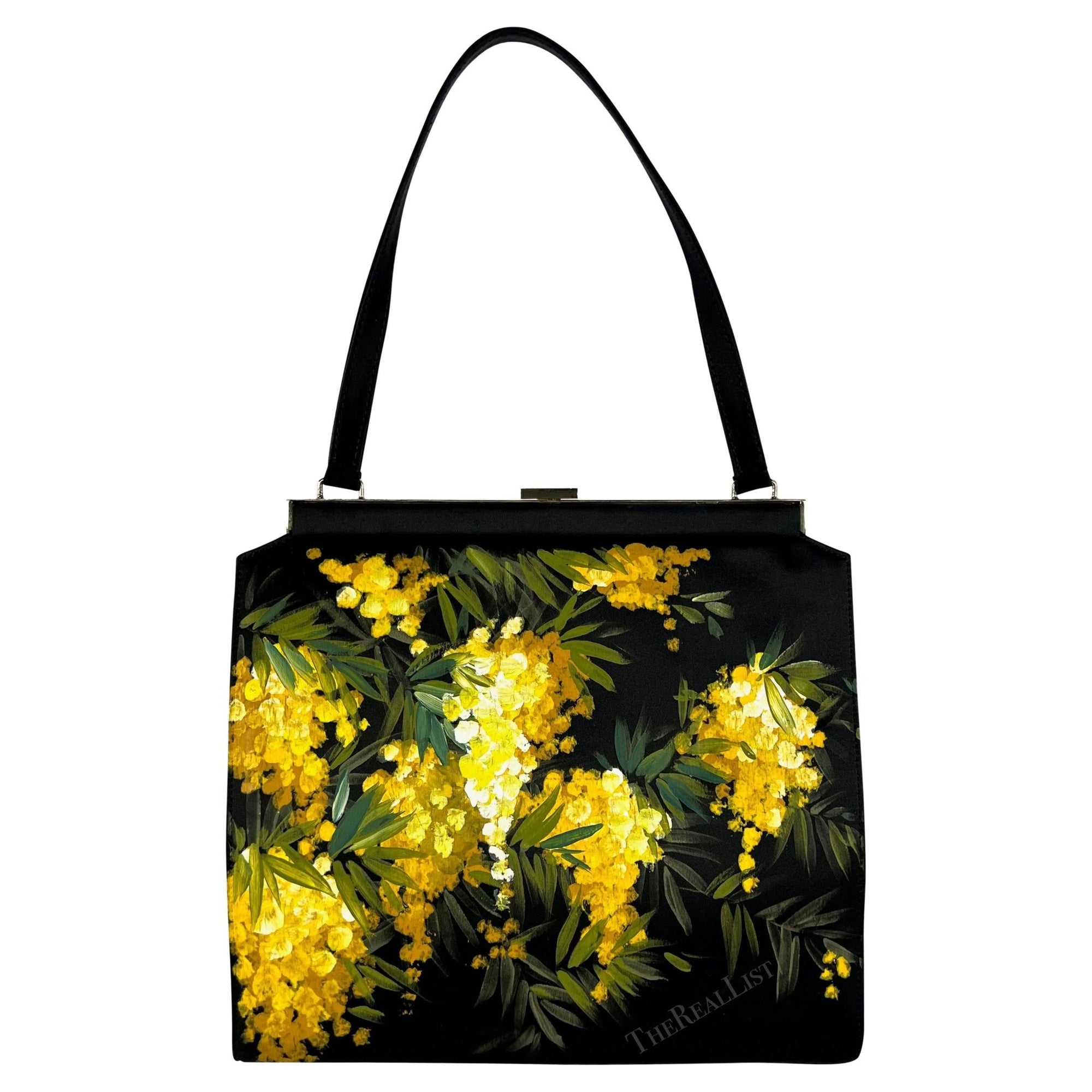 F/W 1998 Dolce & Gabbana Black Satin Hand - Painted Yellow Floral Top Handle - RealList