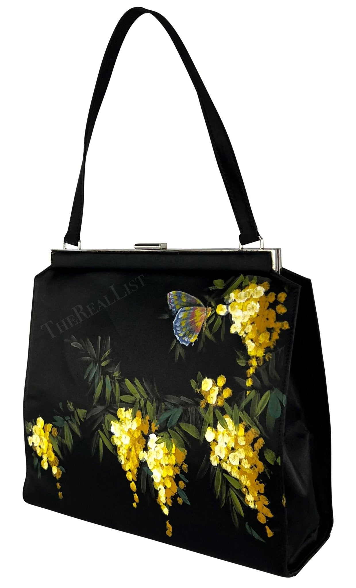 F/W 1998 Dolce & Gabbana Black Satin Hand - Painted Yellow Floral Top Handle - RealList