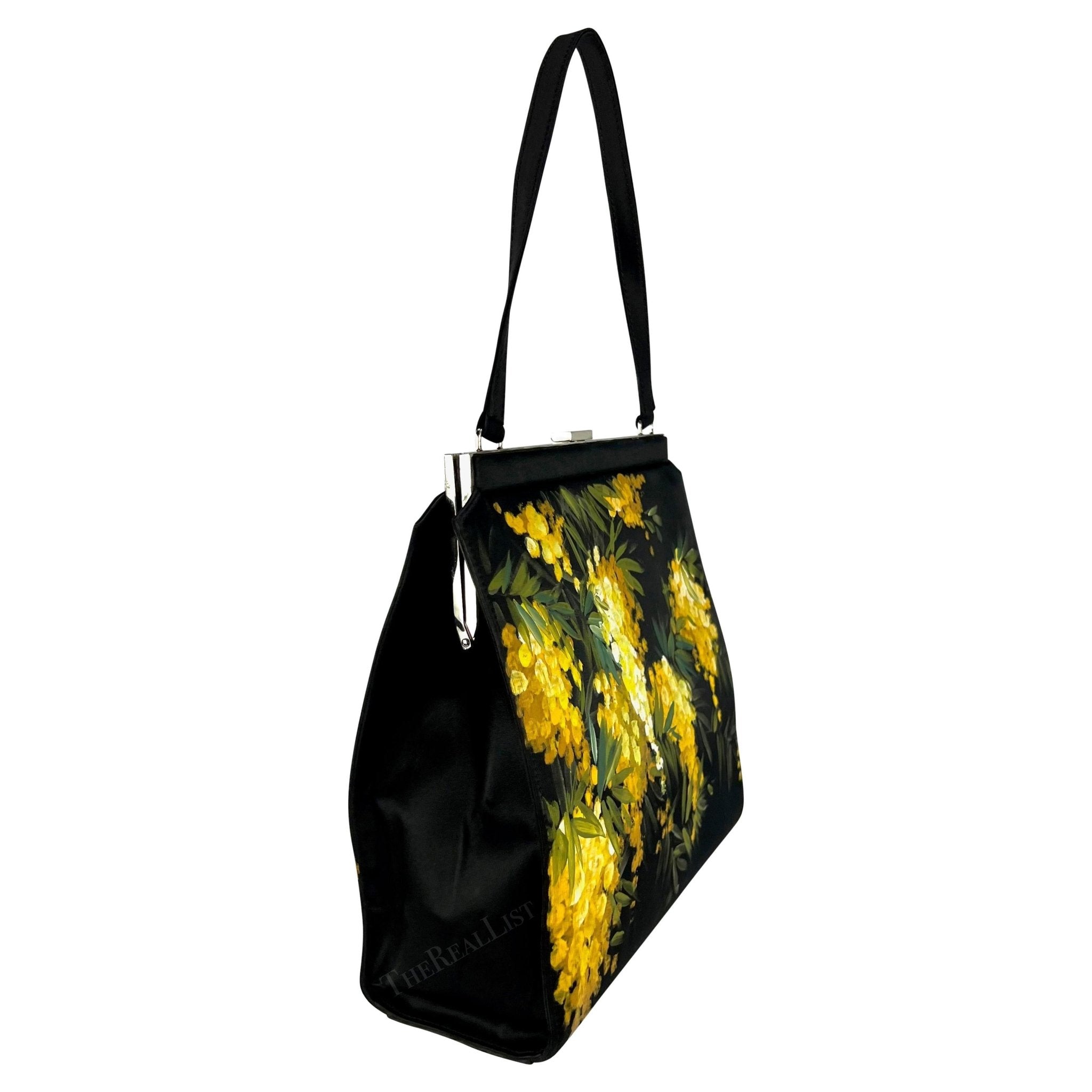 F/W 1998 Dolce & Gabbana Black Satin Hand - Painted Yellow Floral Top Handle - RealList