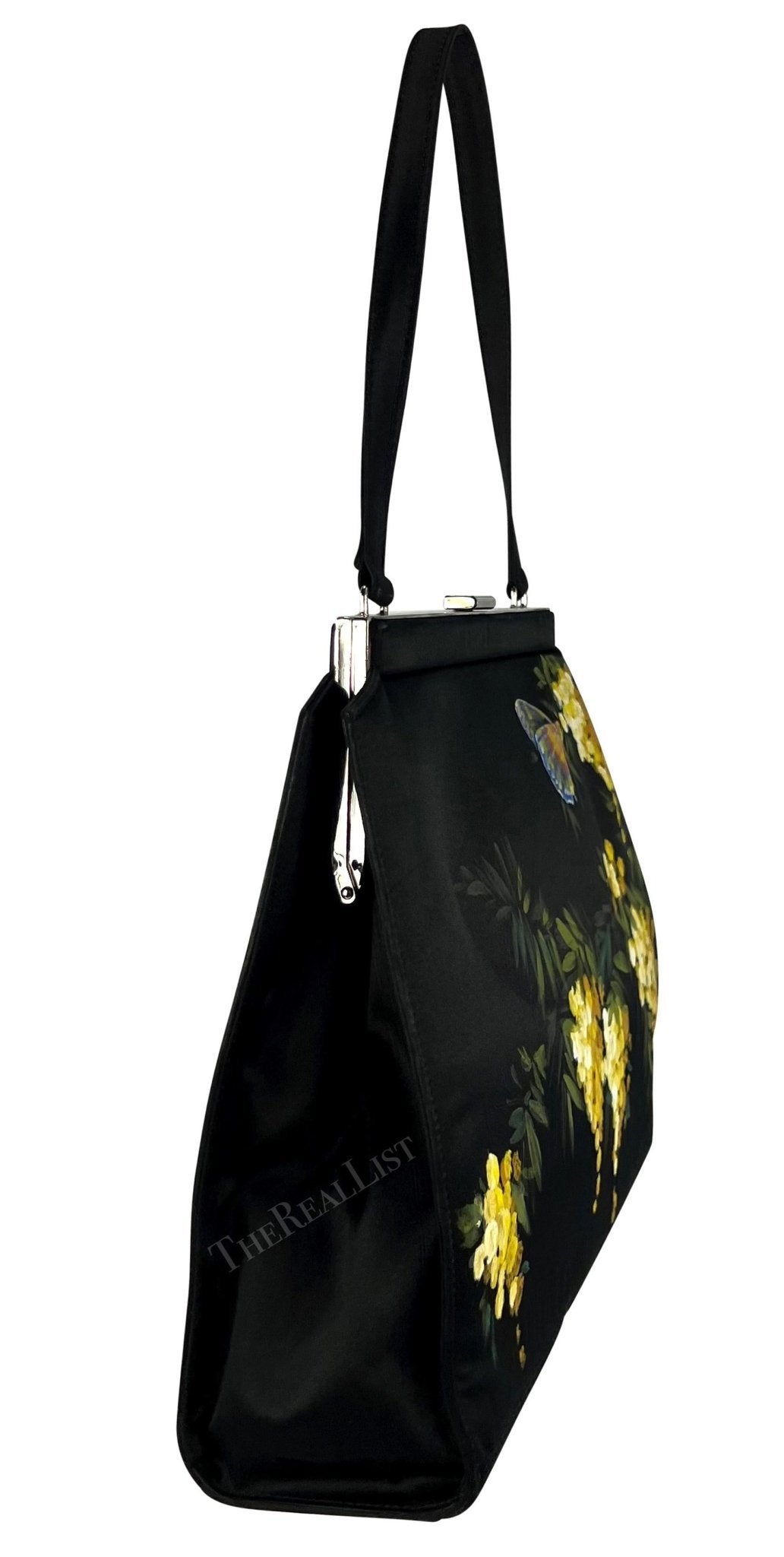F/W 1998 Dolce & Gabbana Black Satin Hand - Painted Yellow Floral Top Handle - RealList