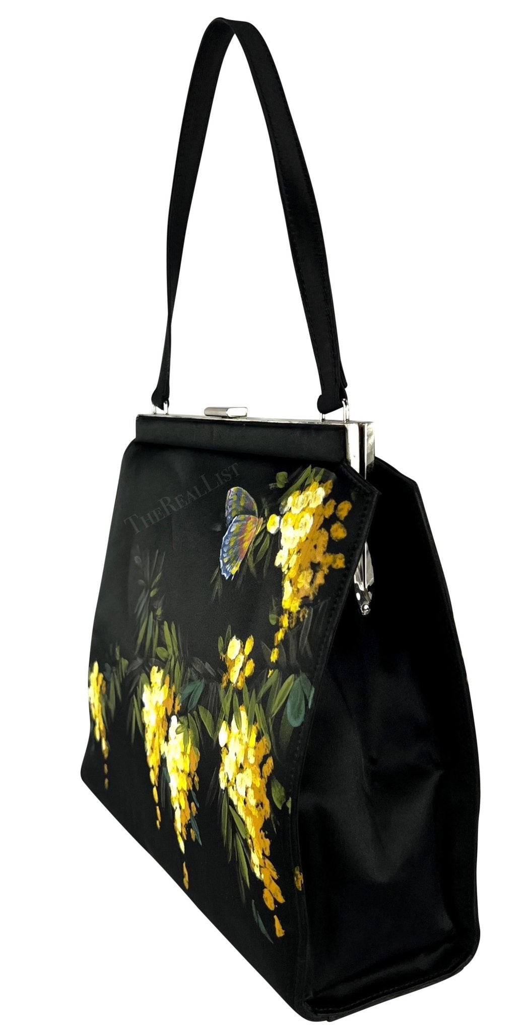 F/W 1998 Dolce & Gabbana Black Satin Hand - Painted Yellow Floral Top Handle - RealList