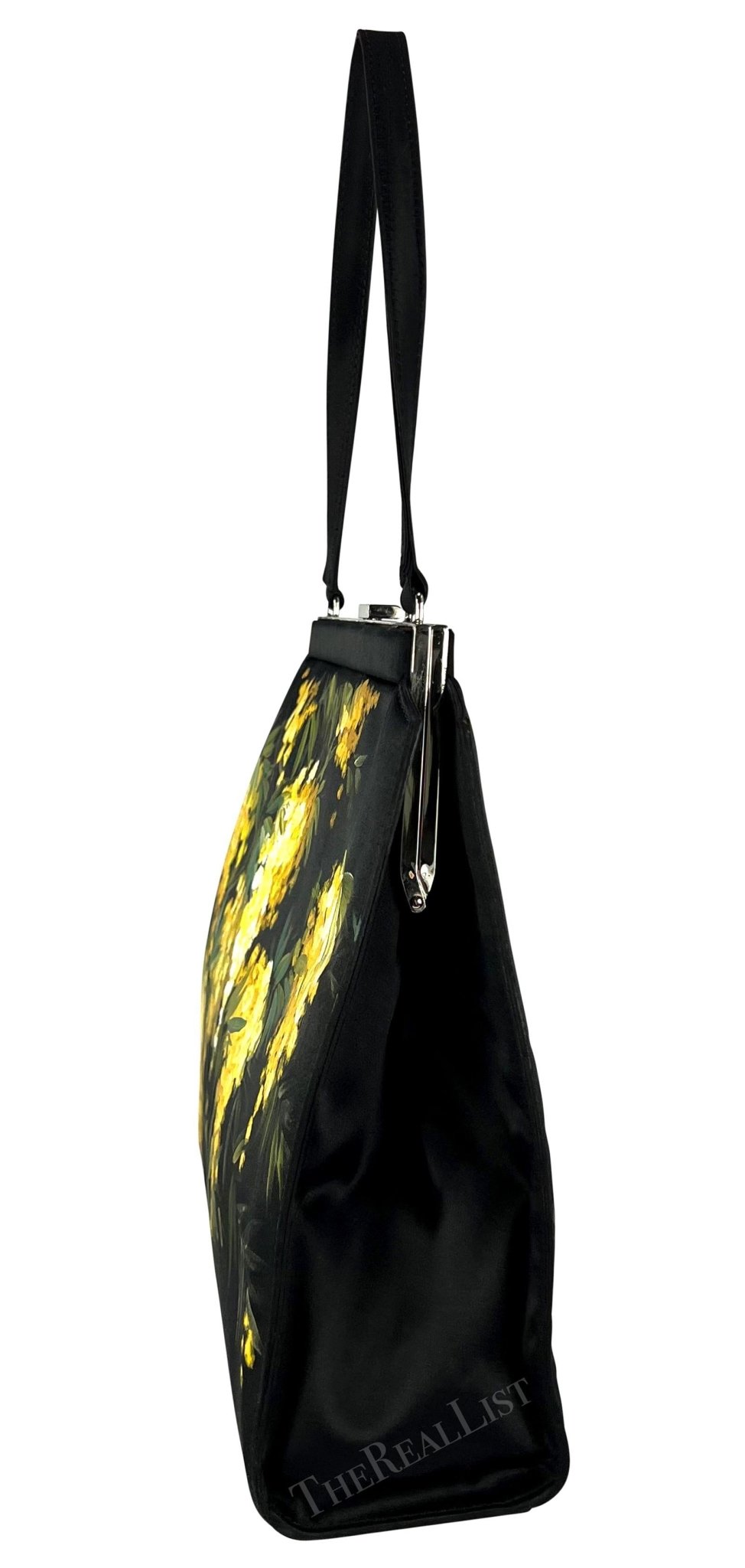F/W 1998 Dolce & Gabbana Black Satin Hand - Painted Yellow Floral Top Handle - RealList
