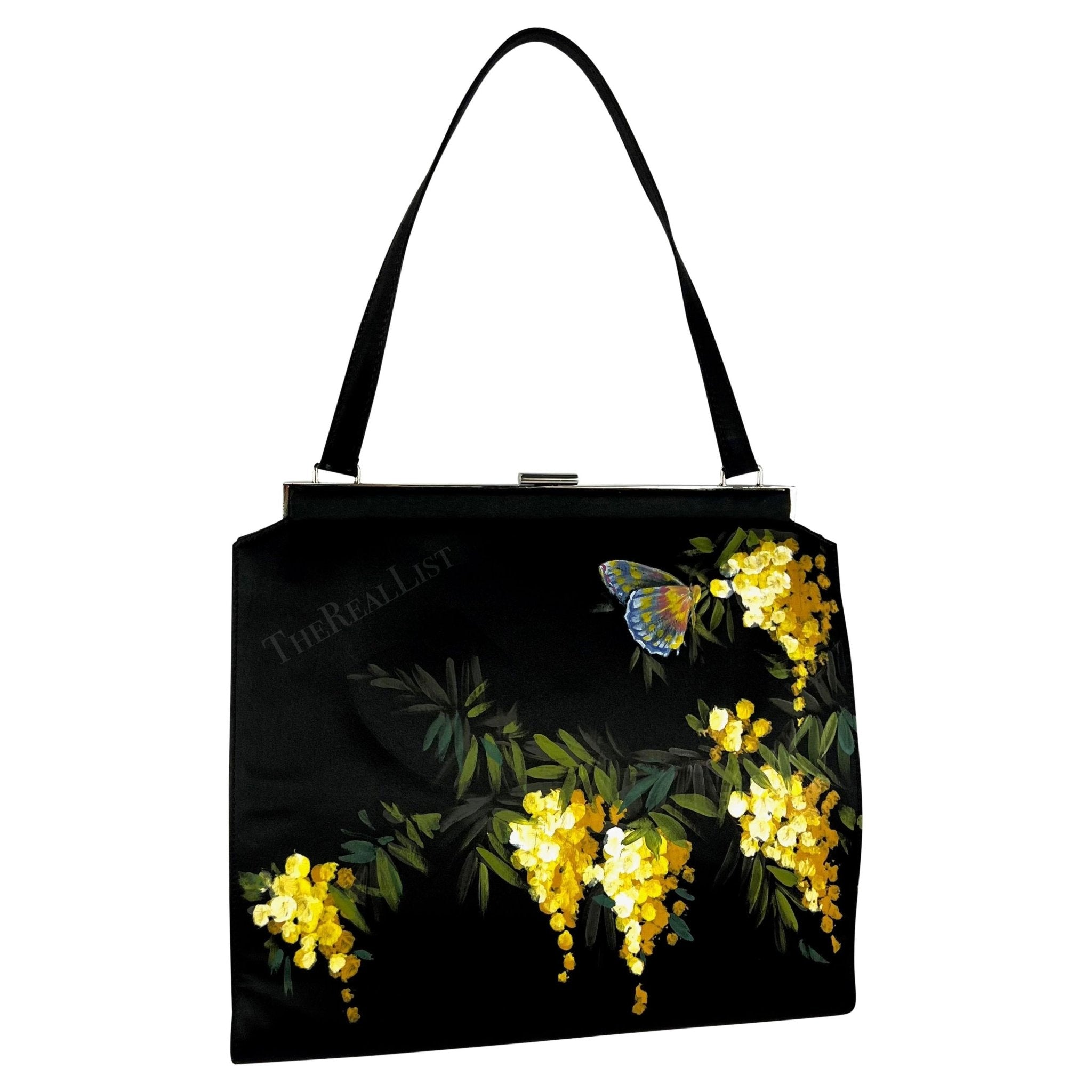 F/W 1998 Dolce & Gabbana Black Satin Hand - Painted Yellow Floral Top Handle - RealList