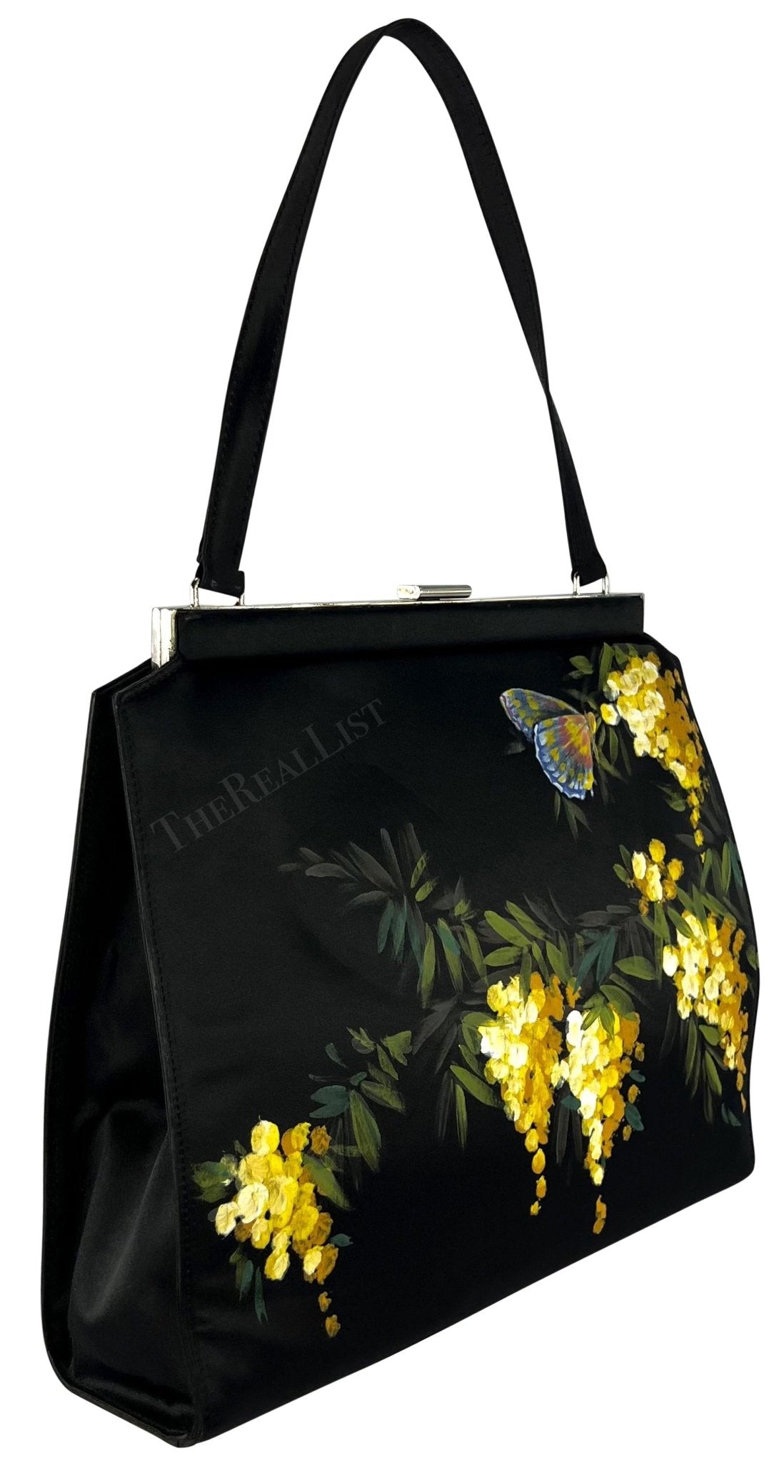 F/W 1998 Dolce & Gabbana Black Satin Hand - Painted Yellow Floral Top Handle - RealList