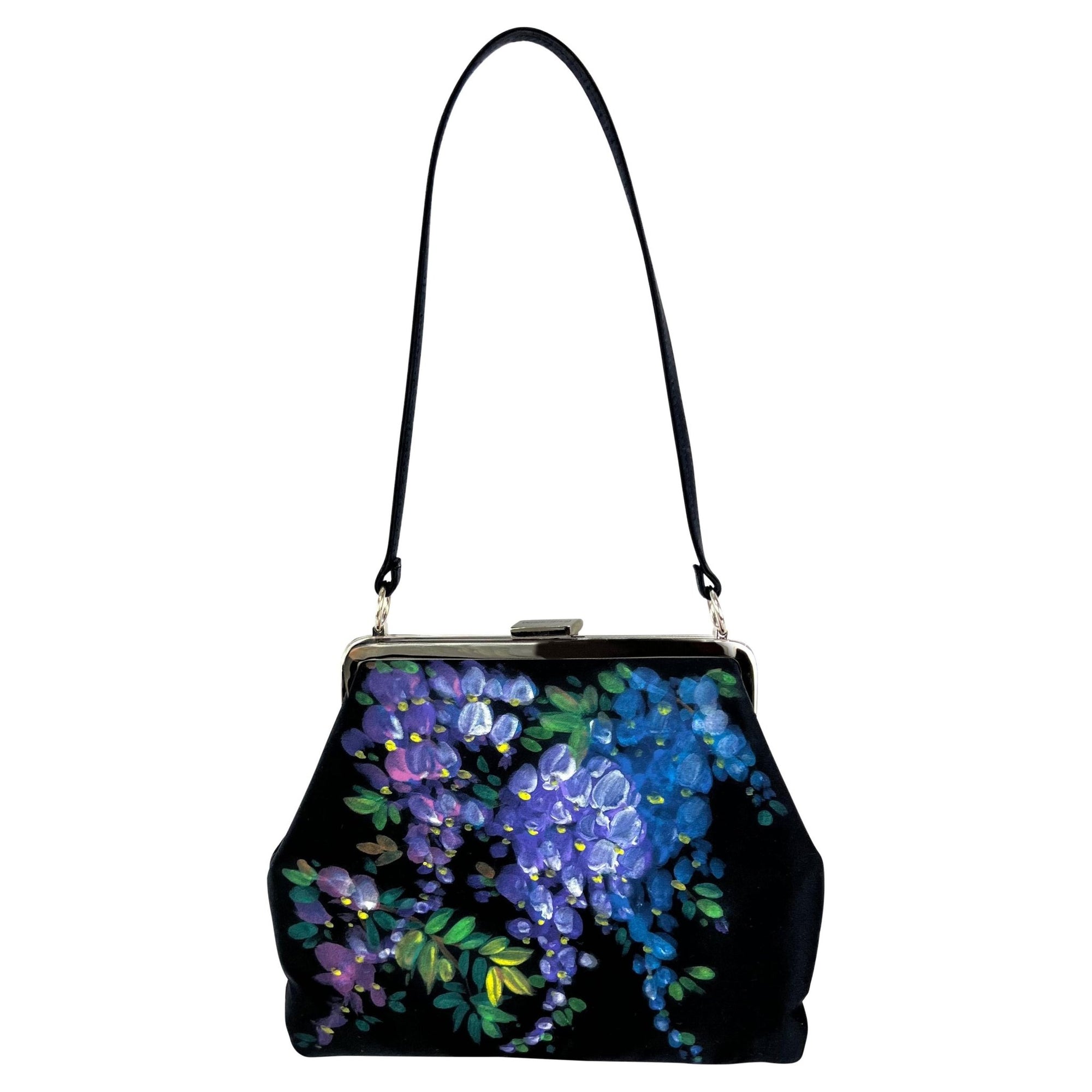 F/W 1998 Dolce & Gabbana Hand - Painted Floral Black Satin Evening Bag - RealList