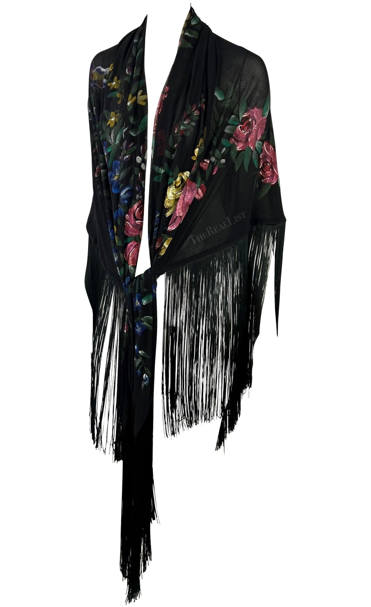 F/W 1998 Dolce & Gabbana Runway Floral Hand - Painted Sheer Mesh Fringe Shawl - RealList