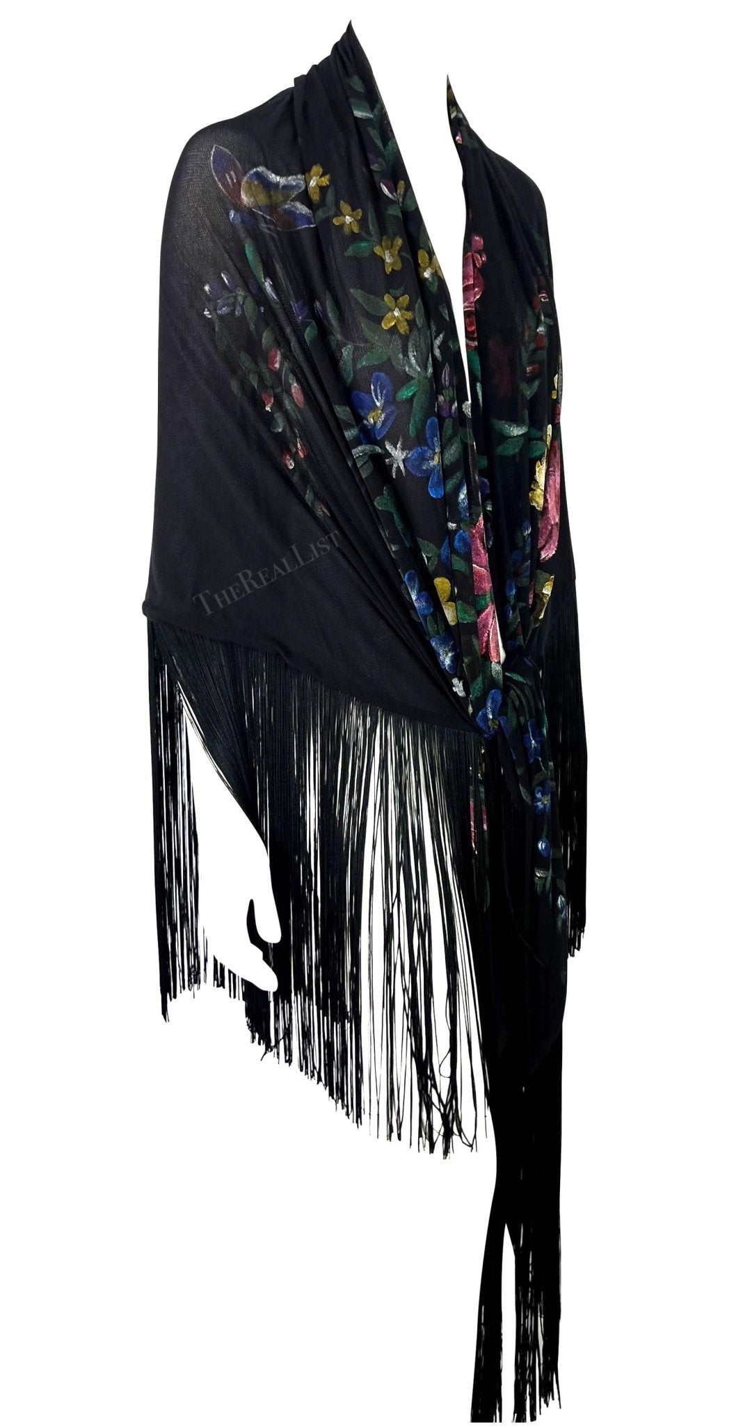 F/W 1998 Dolce & Gabbana Runway Floral Hand - Painted Sheer Mesh Fringe Shawl - RealList