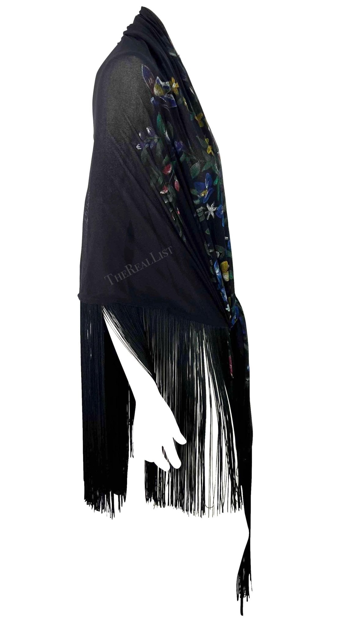 F/W 1998 Dolce & Gabbana Runway Floral Hand - Painted Sheer Mesh Fringe Shawl - RealList