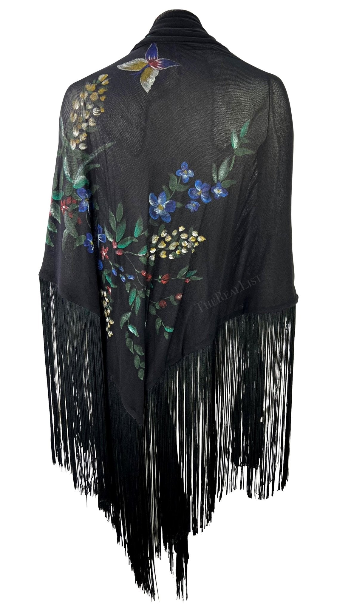 F/W 1998 Dolce & Gabbana Runway Floral Hand - Painted Sheer Mesh Fringe Shawl - RealList