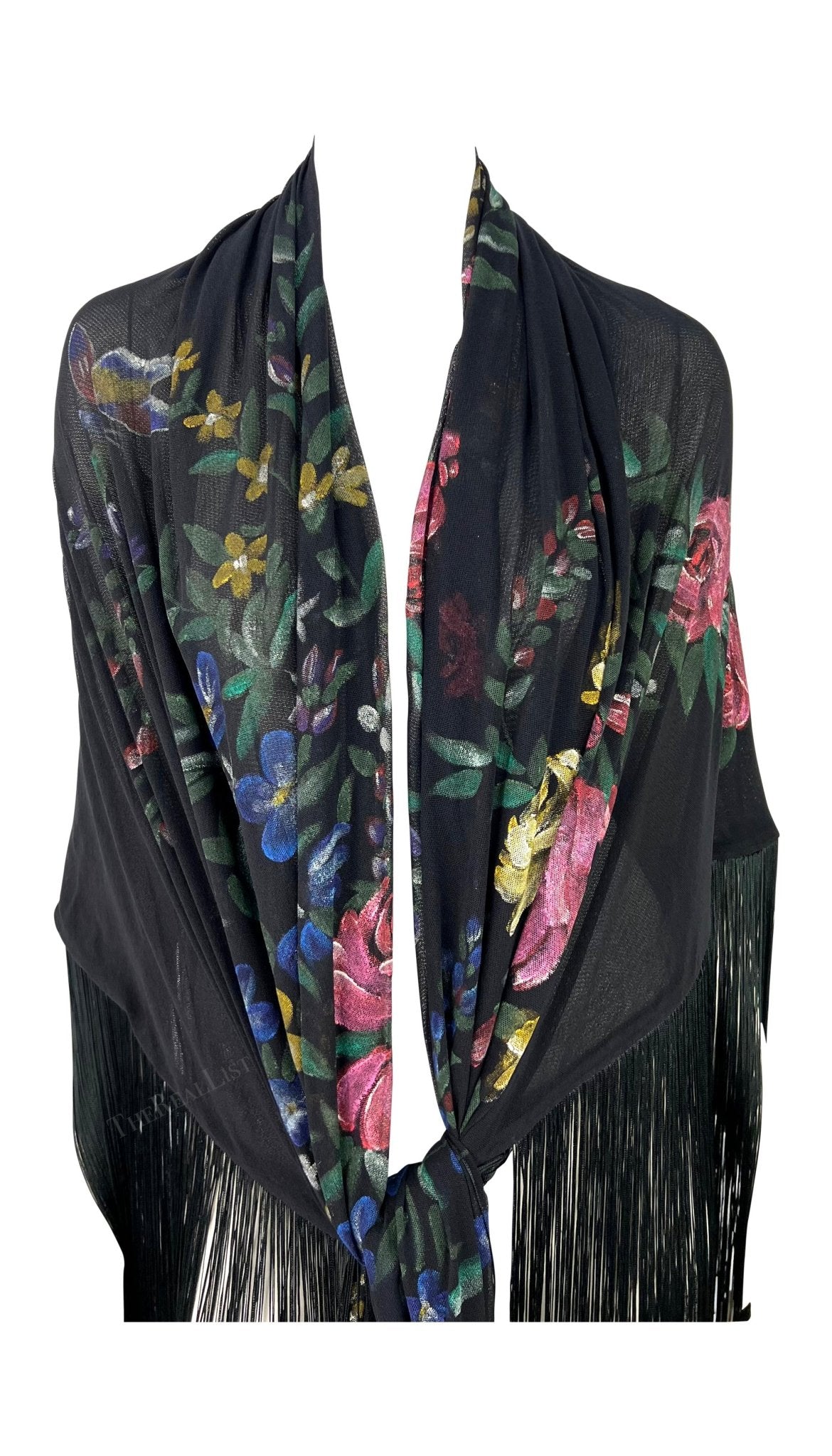 F/W 1998 Dolce & Gabbana Runway Floral Hand - Painted Sheer Mesh Fringe Shawl - RealList