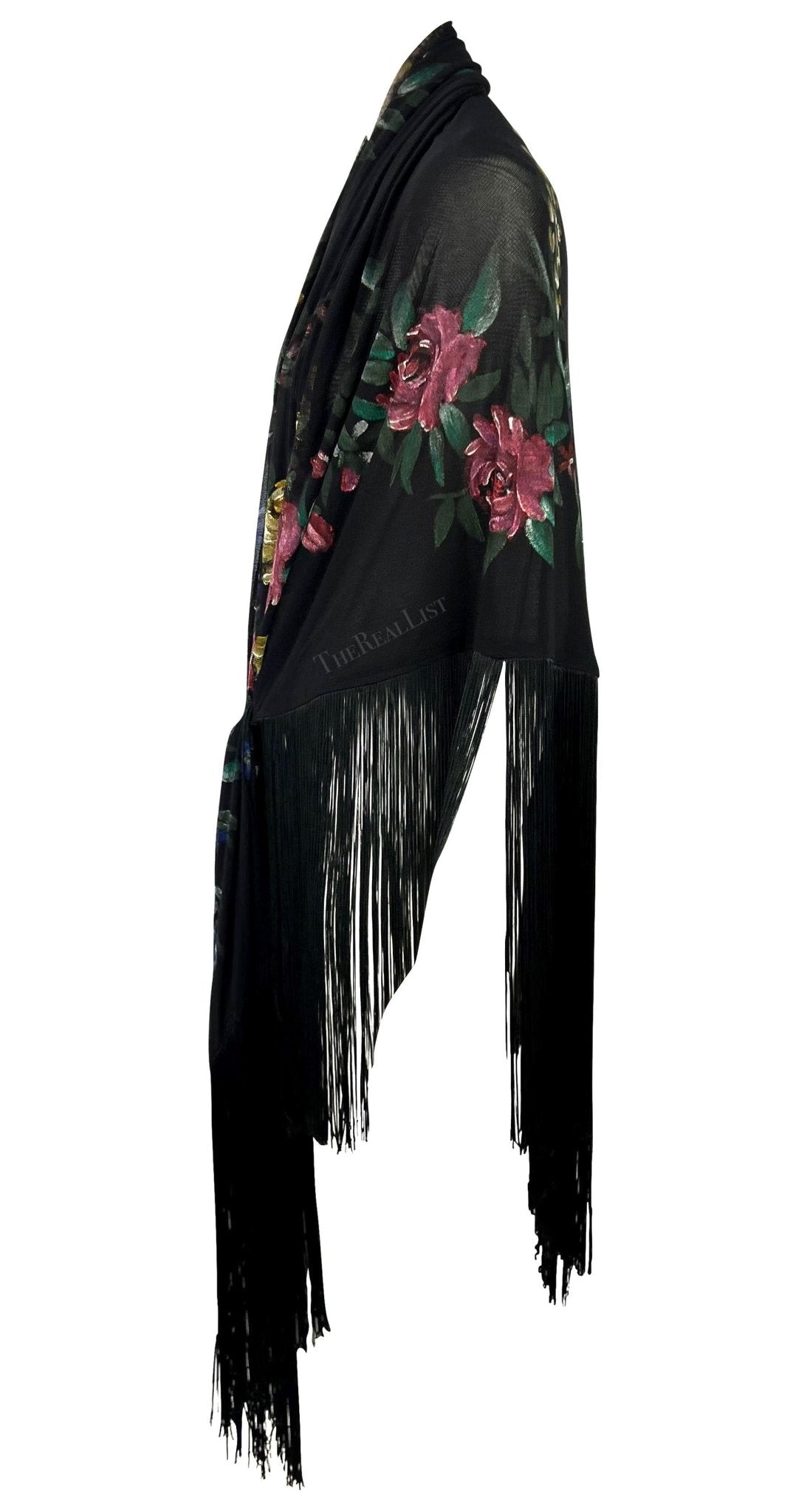 F/W 1998 Dolce & Gabbana Runway Floral Hand - Painted Sheer Mesh Fringe Shawl - RealList