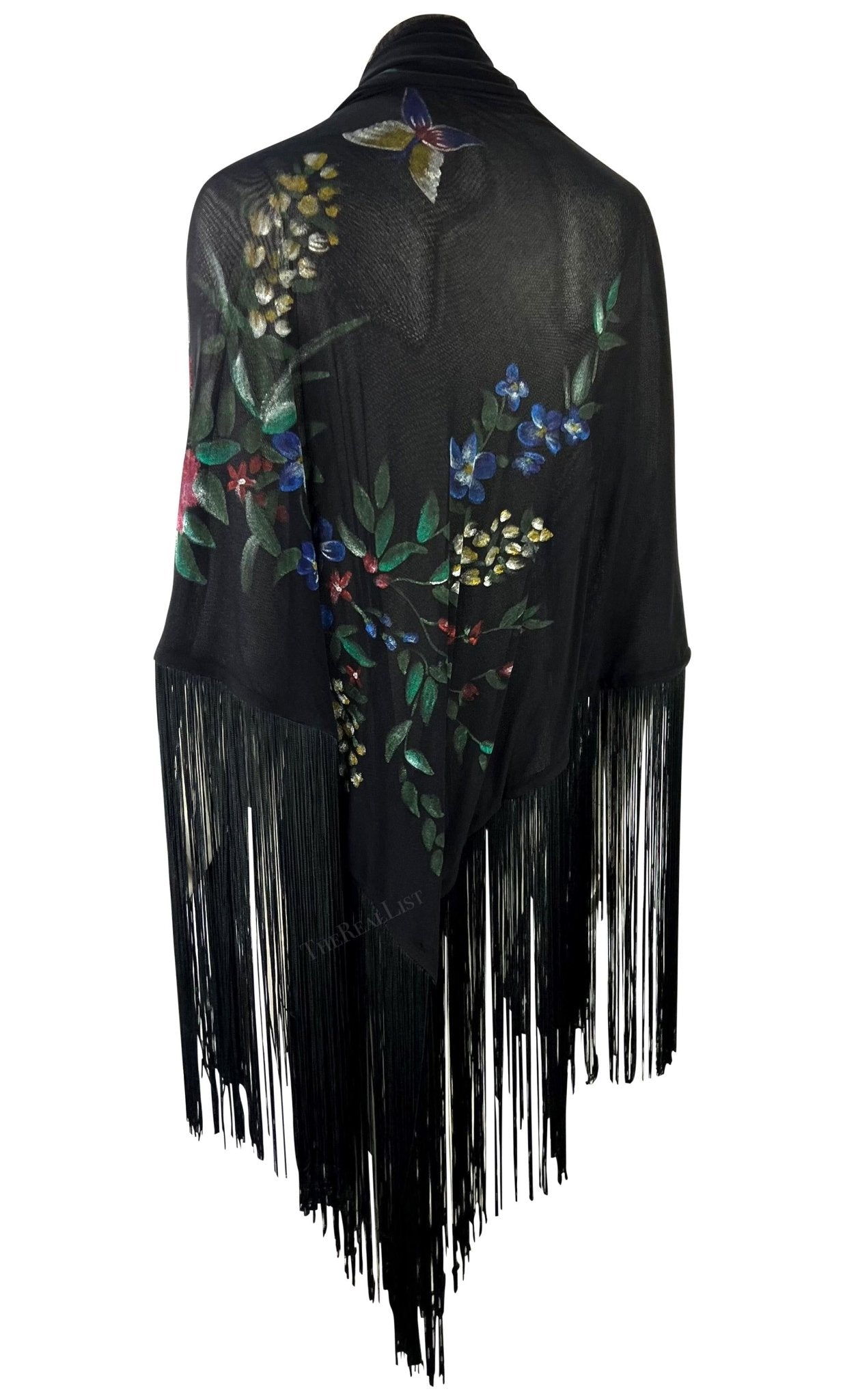 F/W 1998 Dolce & Gabbana Runway Floral Hand - Painted Sheer Mesh Fringe Shawl - RealList