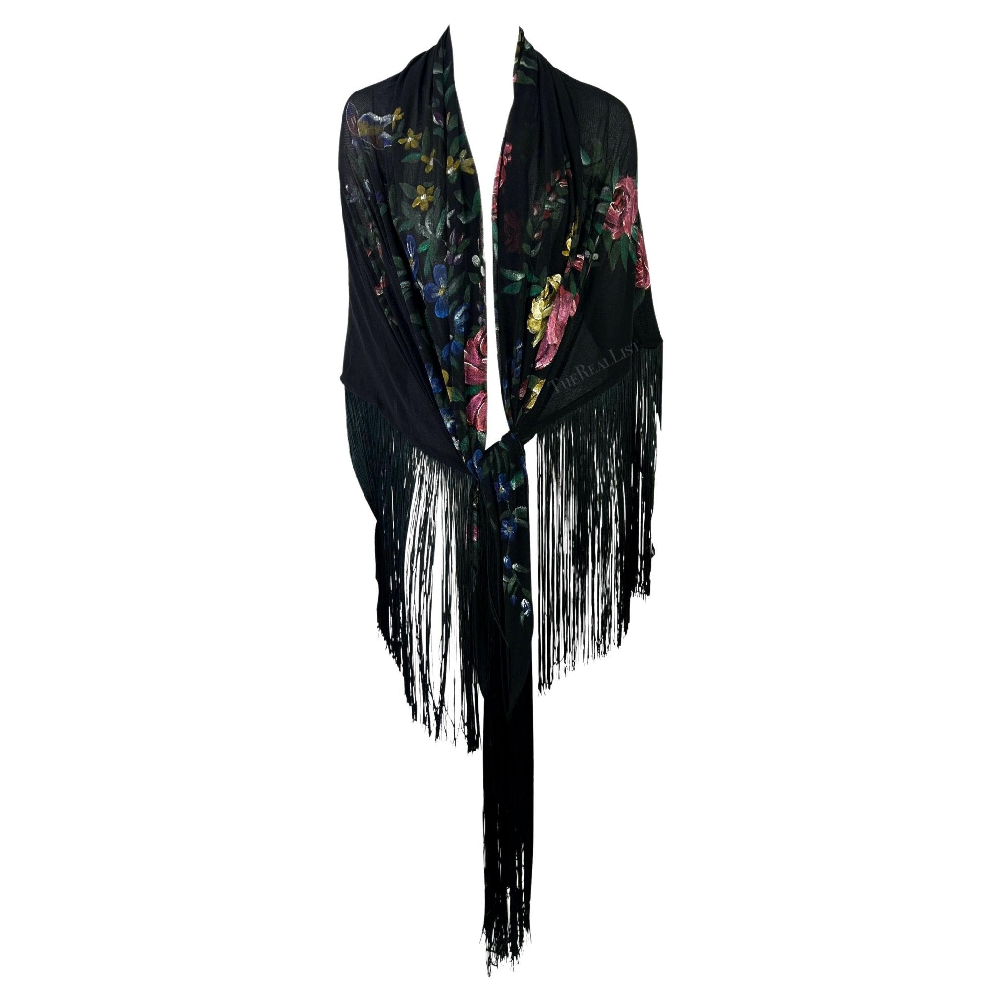 F/W 1998 Dolce & Gabbana Runway Floral Hand - Painted Sheer Mesh Fringe Shawl - RealList