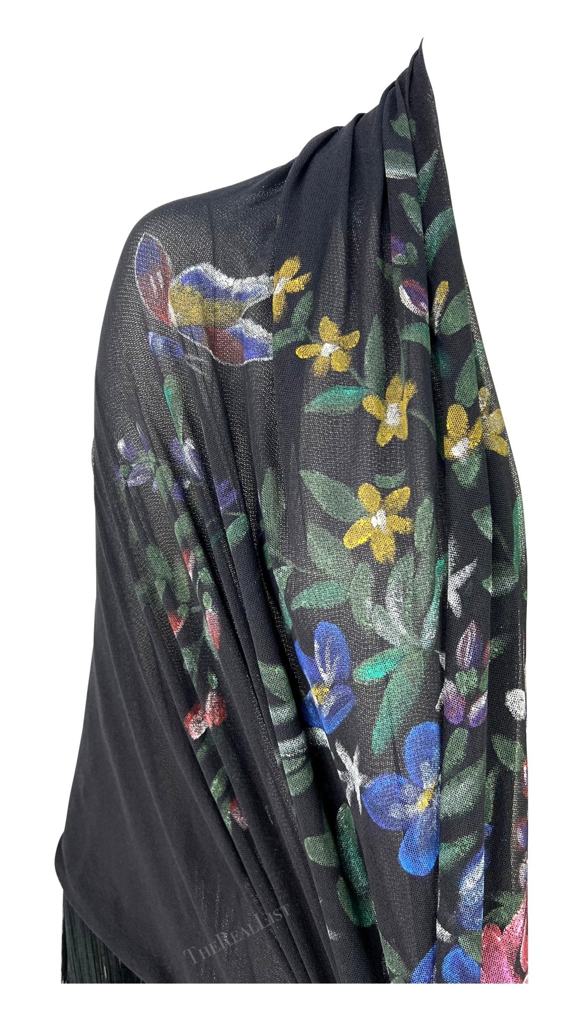 F/W 1998 Dolce & Gabbana Runway Floral Hand - Painted Sheer Mesh Fringe Shawl - RealList