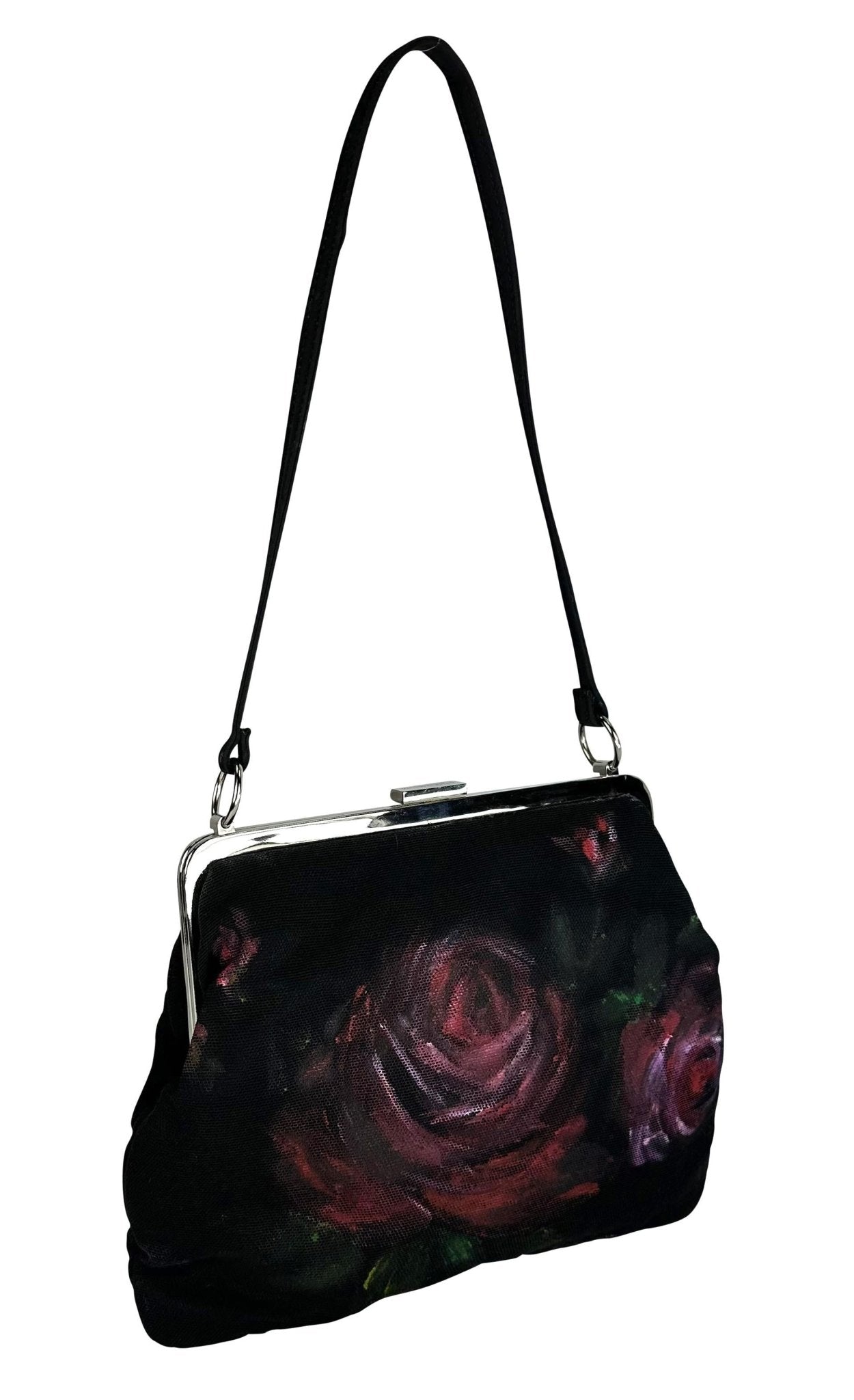 F/W 1998 Dolce & Gabbana Runway Hand Painted Red Rose Black Mesh Bag - RealList