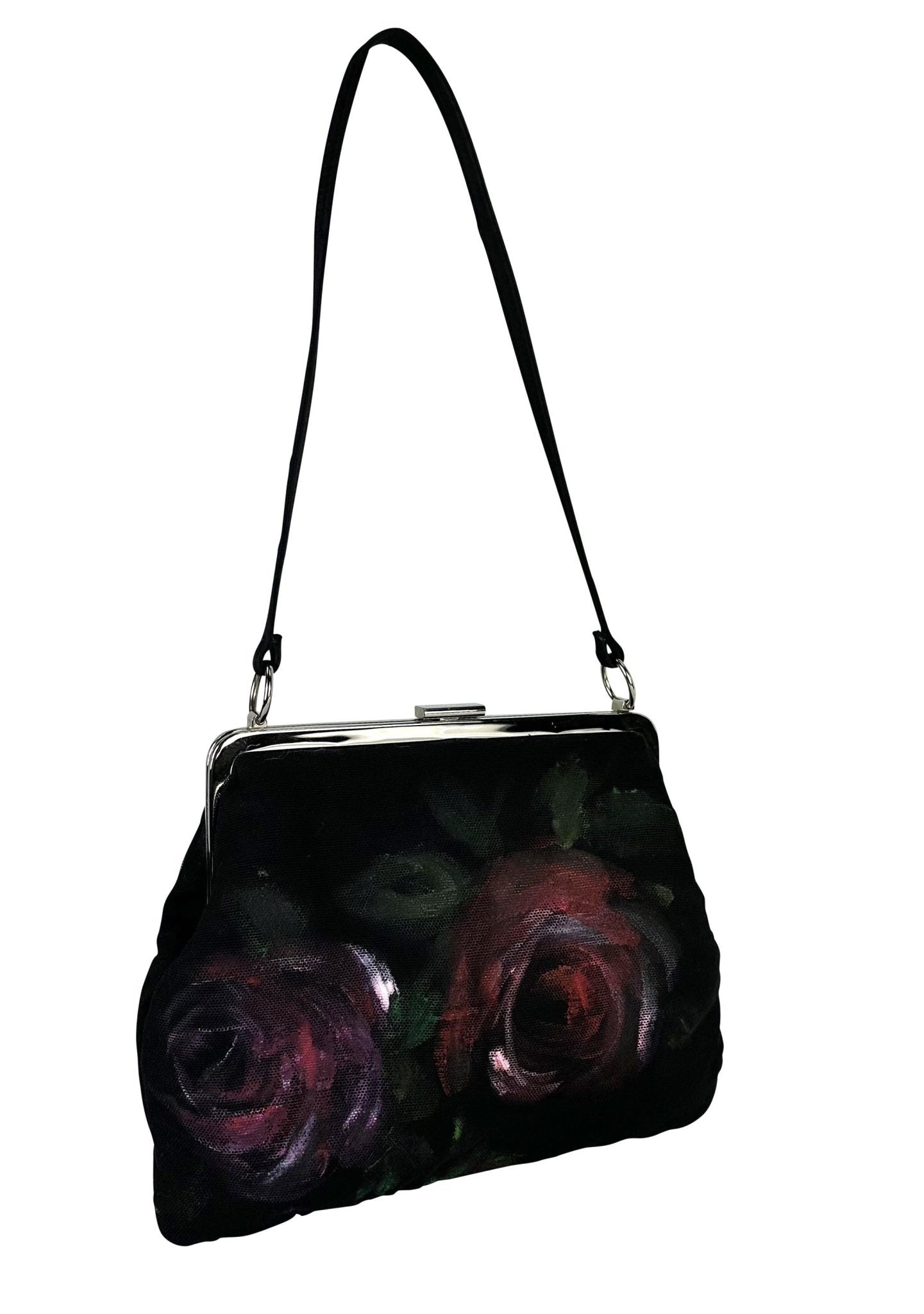 F/W 1998 Dolce & Gabbana Runway Hand Painted Red Rose Black Mesh Bag - RealList