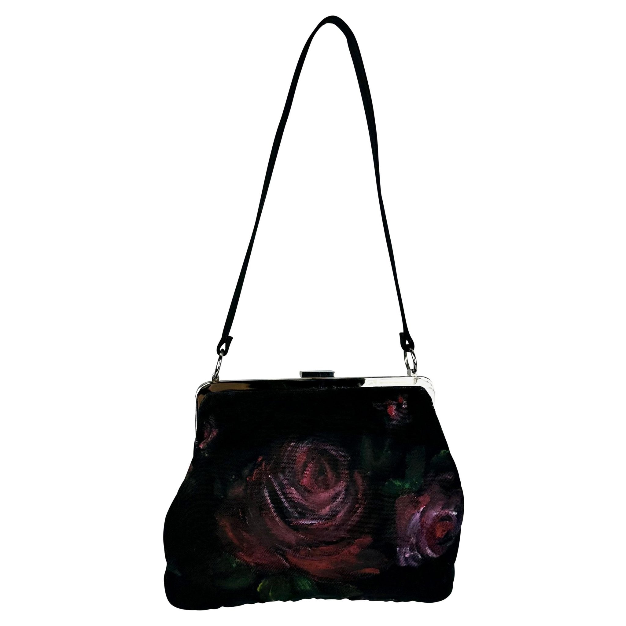 F/W 1998 Dolce & Gabbana Runway Hand Painted Red Rose Black Mesh Bag - RealList