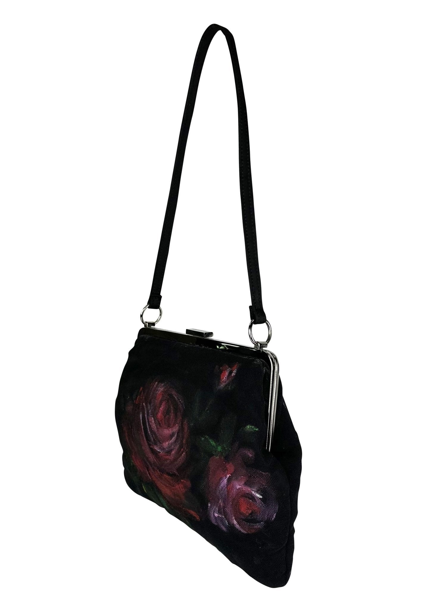 F/W 1998 Dolce & Gabbana Runway Hand Painted Red Rose Black Mesh Bag - RealList