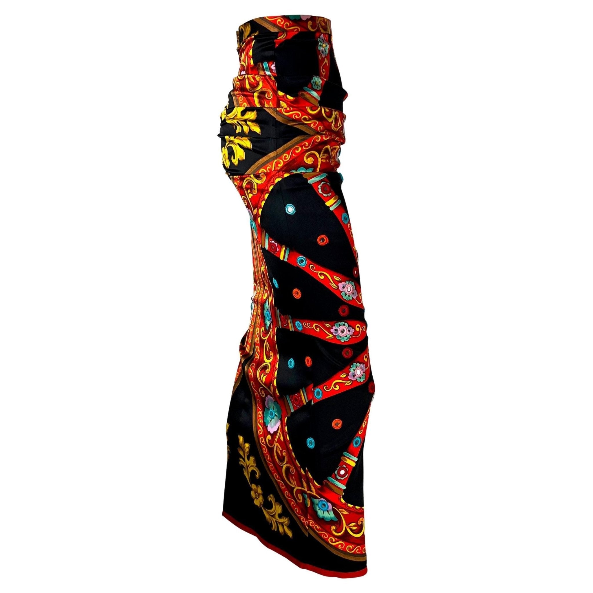 F/W 1998 Dolce & Gabbana Runway Mirror Embroidered Printed Silk Maxi Skirt - RealList