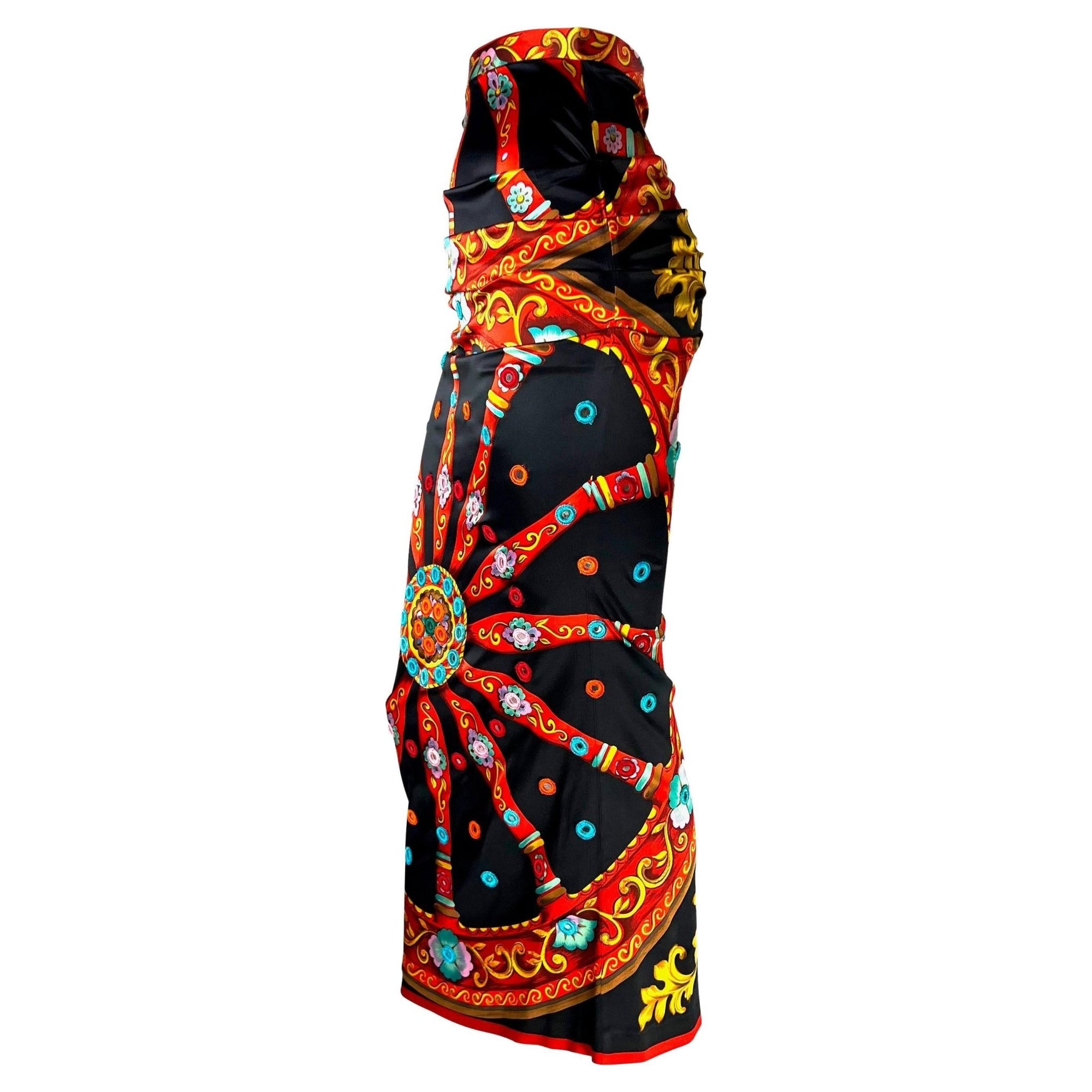 F/W 1998 Dolce & Gabbana Runway Mirror Embroidered Printed Silk Maxi Skirt - RealList