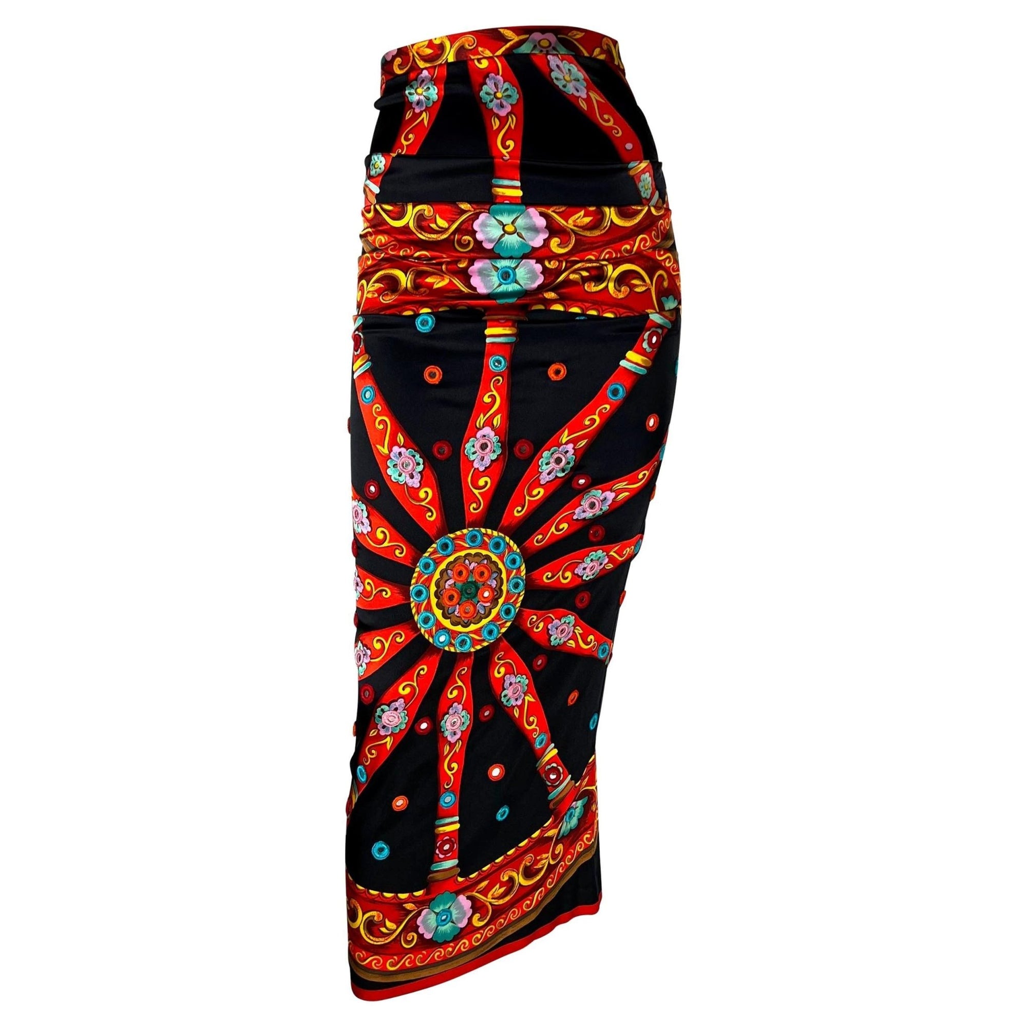 F/W 1998 Dolce & Gabbana Runway Mirror Embroidered Printed Silk Maxi Skirt - RealList
