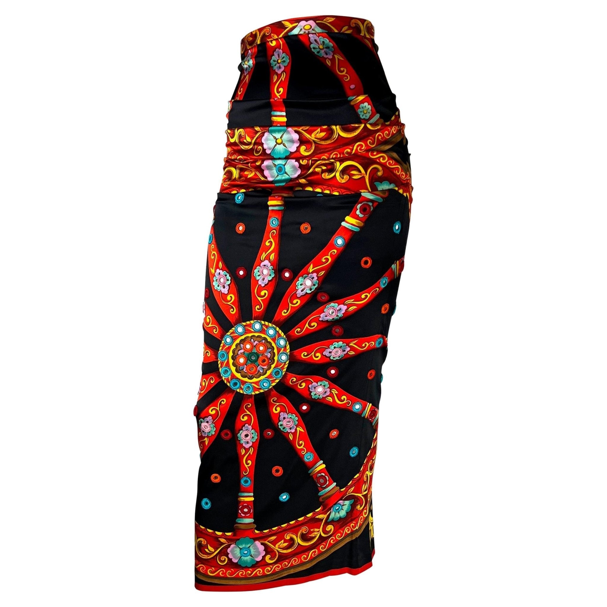 F/W 1998 Dolce & Gabbana Runway Mirror Embroidered Printed Silk Maxi Skirt - RealList