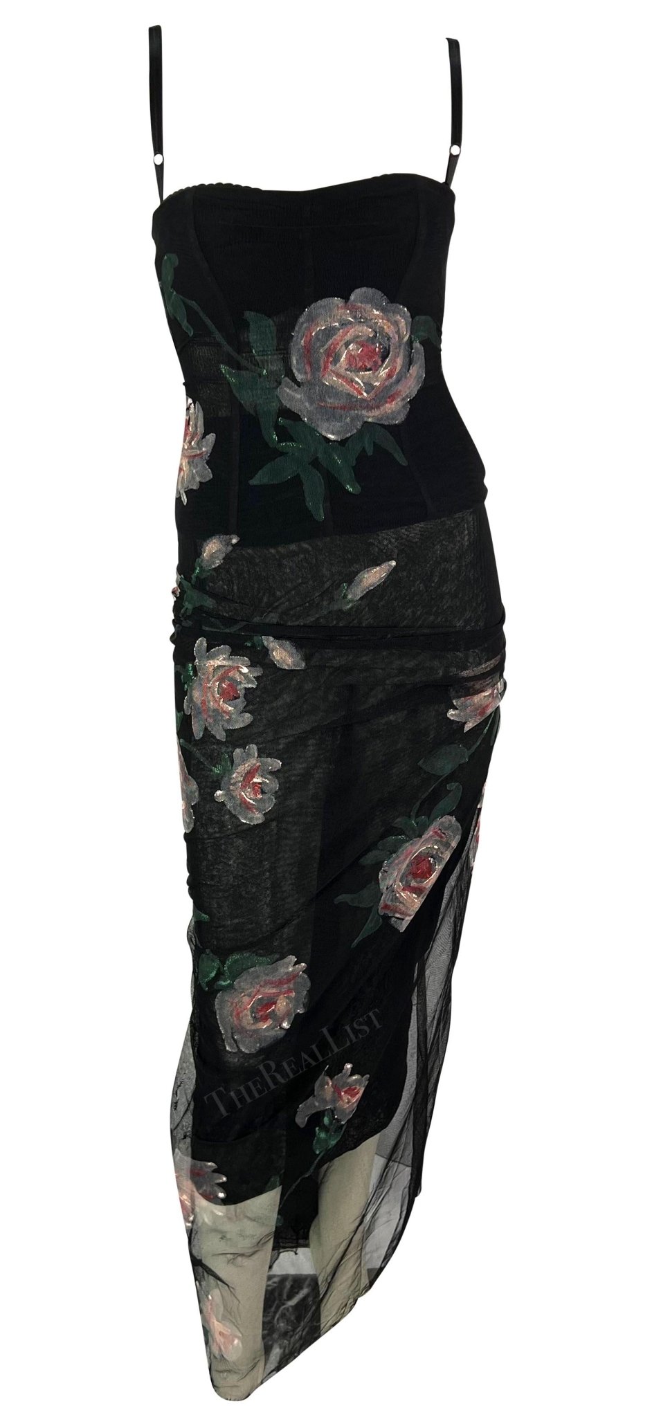 F/W 1998 Dolce & Gabbana Sheer Black Mesh Hand Painted Rose Bustier Gown - RealList